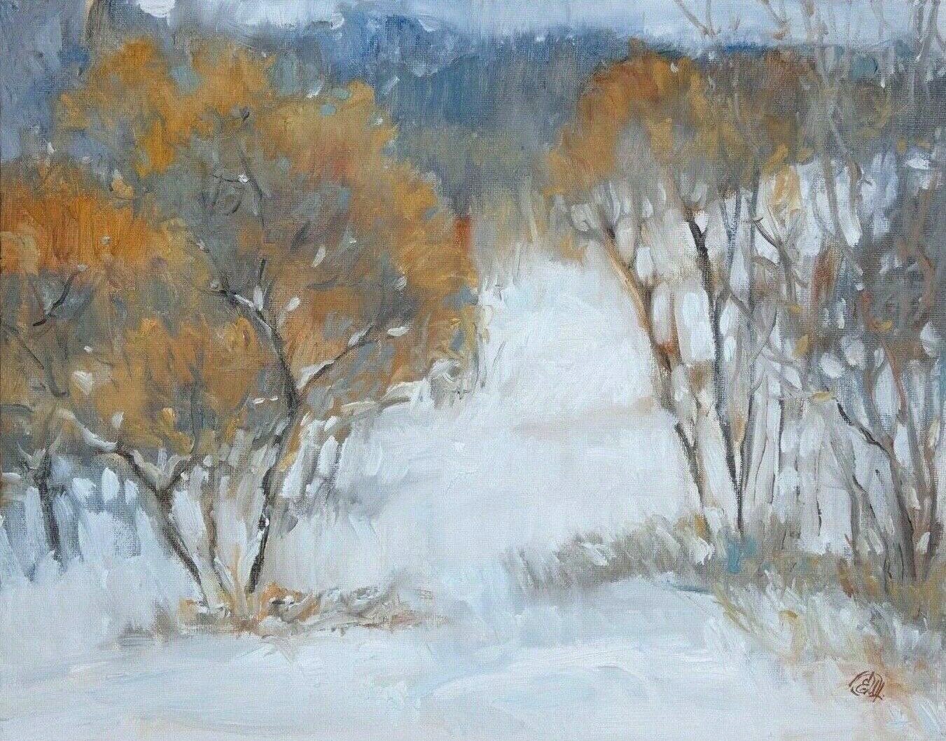 SMALL OIL PAINTING SNOW WINTER DAY CHRISTMAS HOLIDAY LANDSCAPE. by Artist
