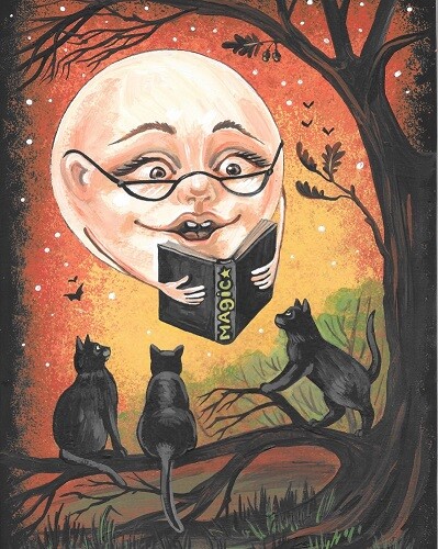 11×14 PRINT OF PAINTING RYTA HALLOWEEN BLACK CAT MAGIC MOON AUTUMN Folk ART Book