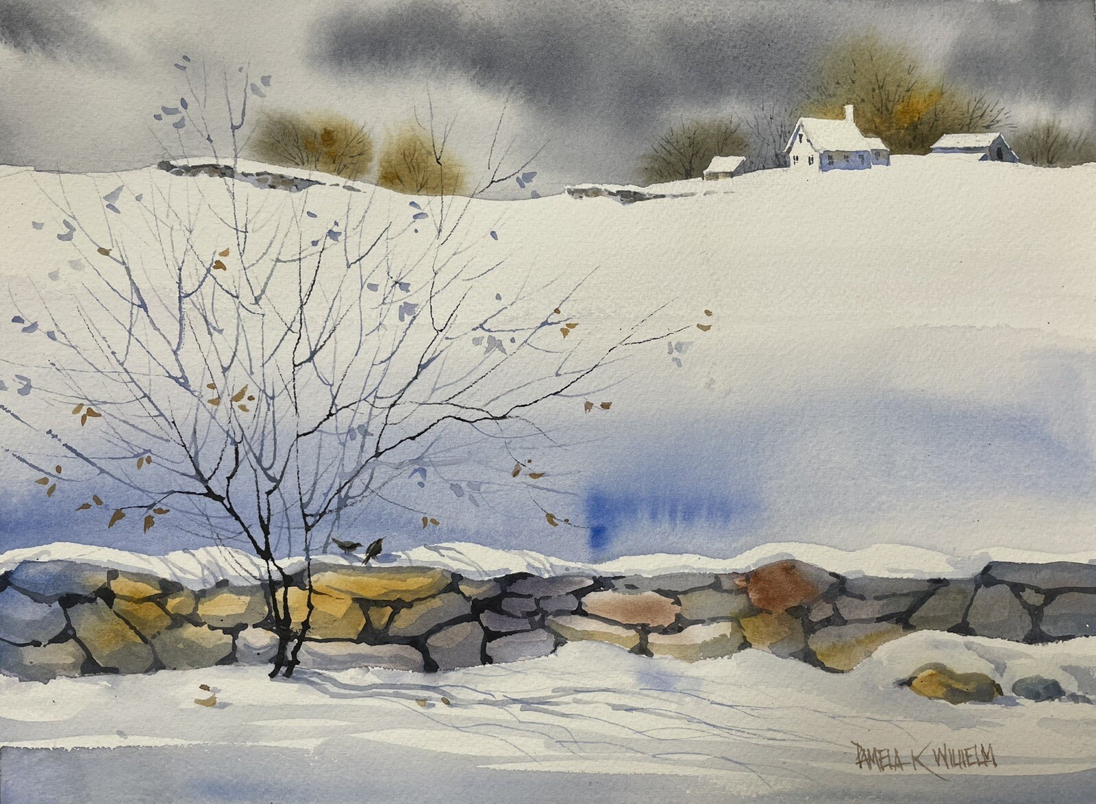 Original Watercolor 9X12” Pamela Wilhelm Winter Snow Rock Wall Birds Farm Tree