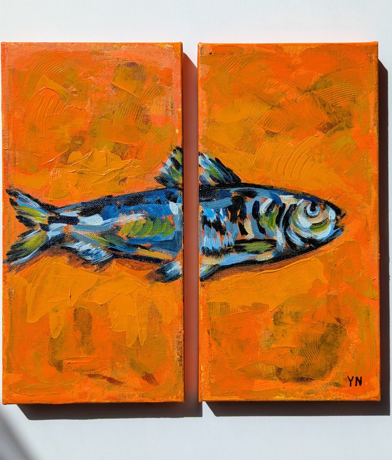 ORIGINAL Modern Sardines Kitchen Acrylic diptych painting fish in Textured Art