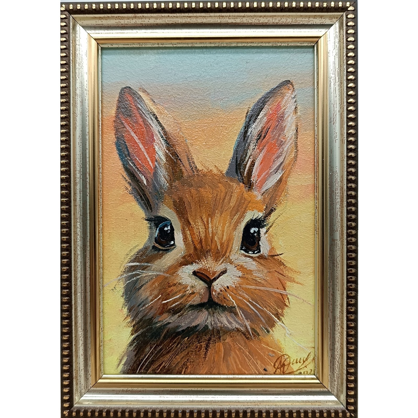 Bunny Original Oil Painting 4×6 Framed Signed Cute Rabbit Baby Animal Wall Art