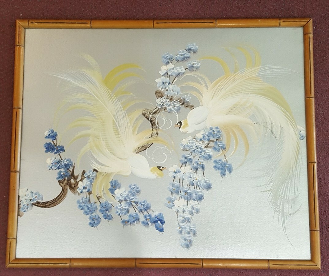 Art Deco Painting Oil On Board Bird Of Paradise In Cherry Blossom Tree Framed