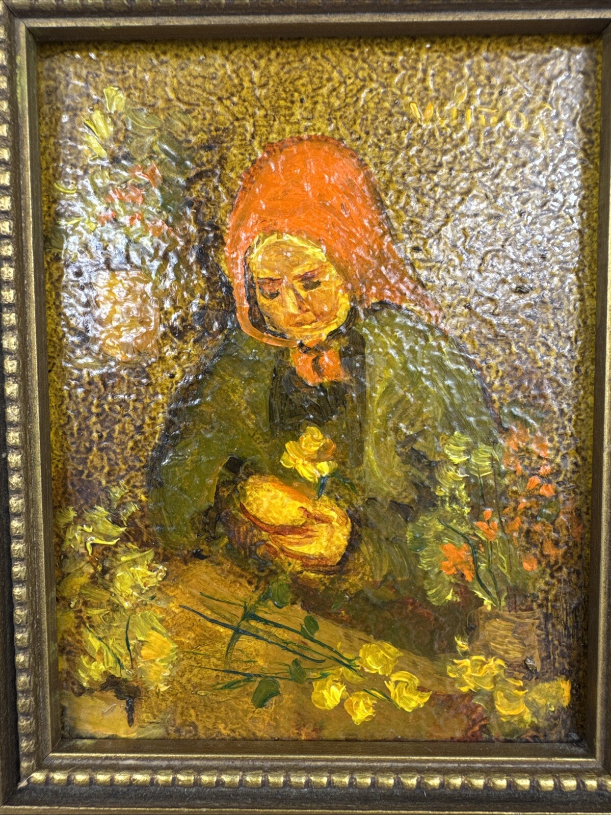 Ruth Vamos Oil Painting Old Woman With Flowers 5×4 Inches