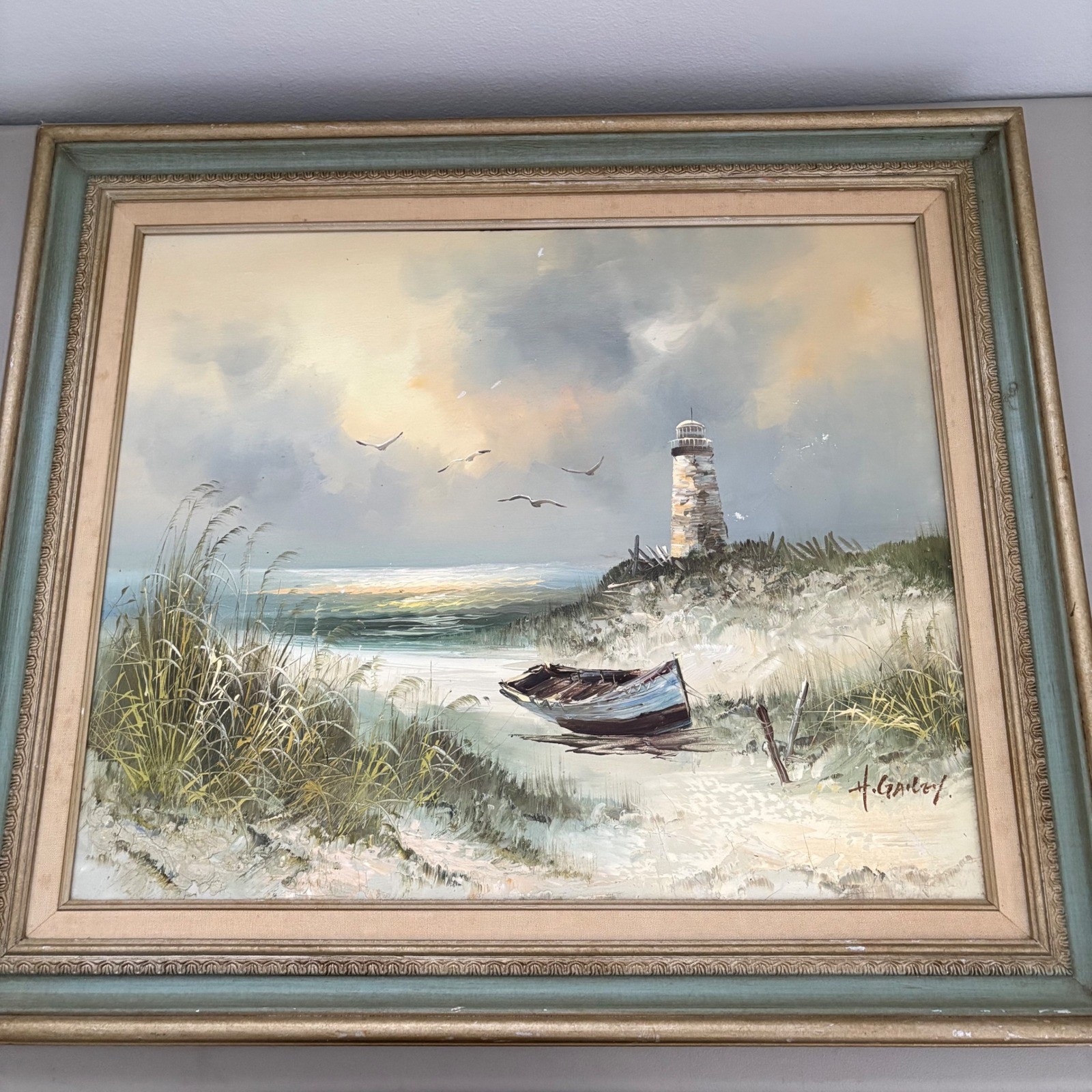 H Gailey Signed Original Oil Painting Lighthouse Beach Boat Peace Framed 29×25