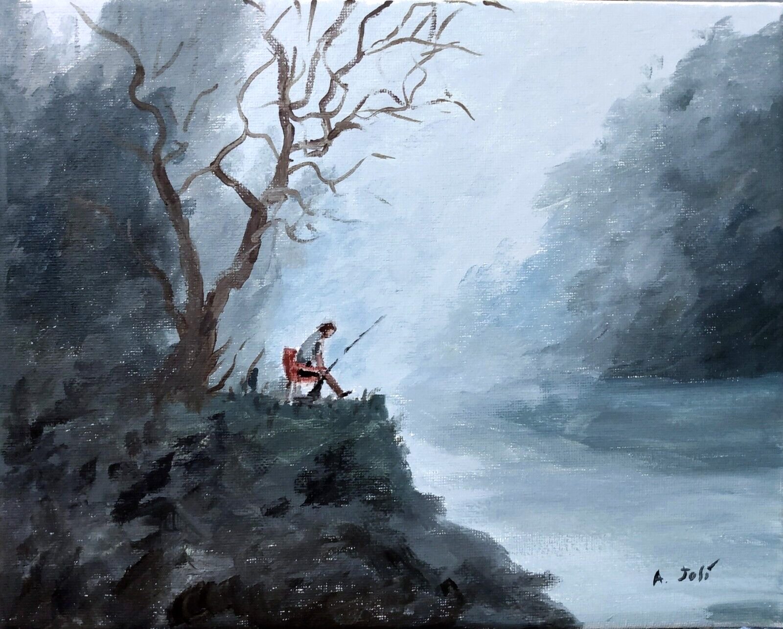 Oil Painting Fishing on a Foggy Morning Lake Landscape Figure Sports Art A. Joli