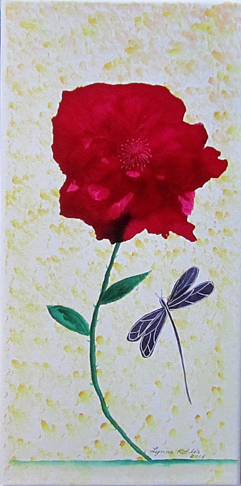 Original painting 8×16″ CANVAS red flower dragonfly by Lynne Kohler