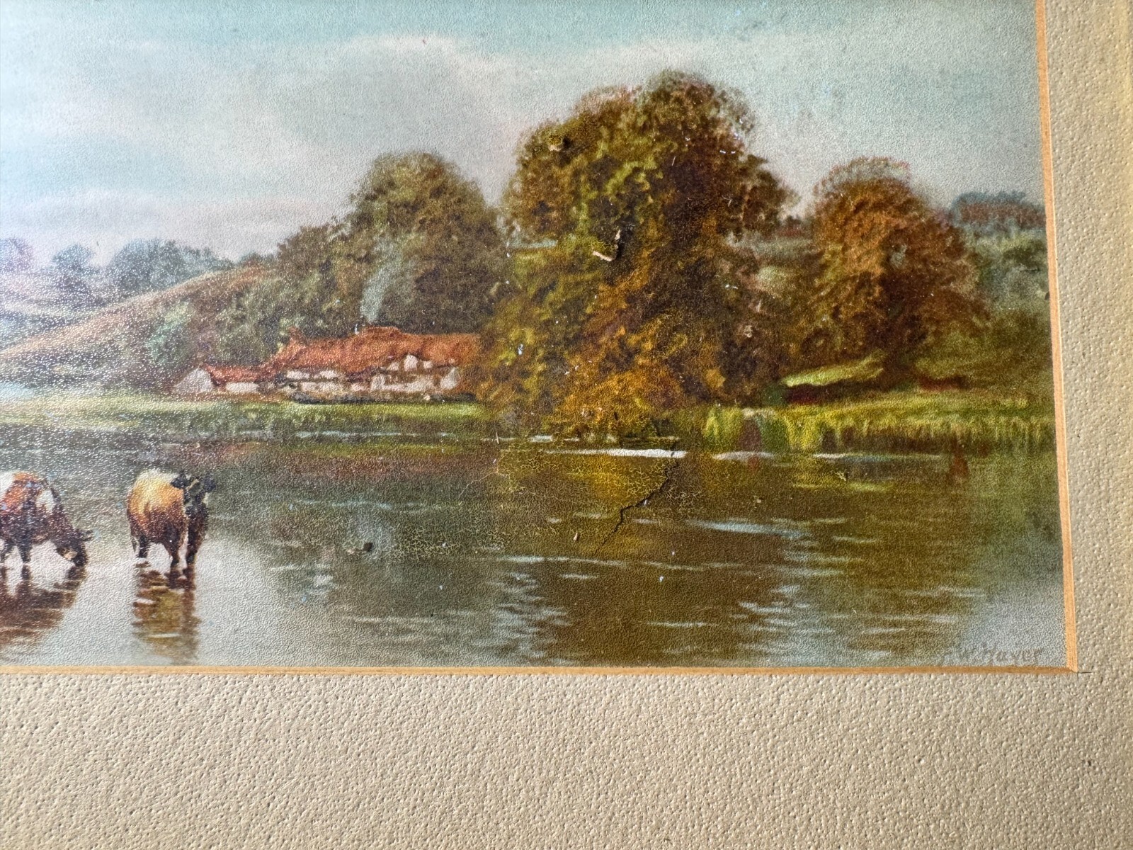 Frederick William Hayes (1848 – 1918) «Cattle By River» Mixed Media Painting