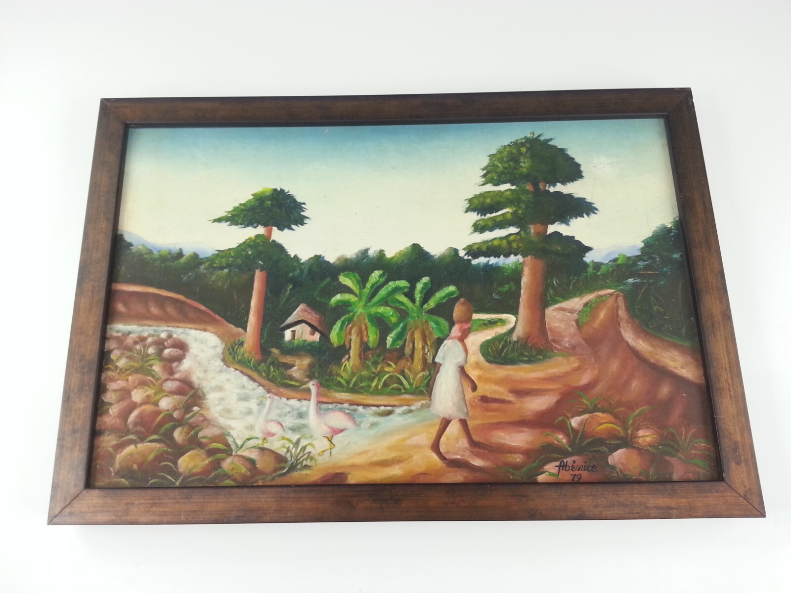Vintage Signed 1979 Abenice Palms Bird Tropical Island Caribbean Painting