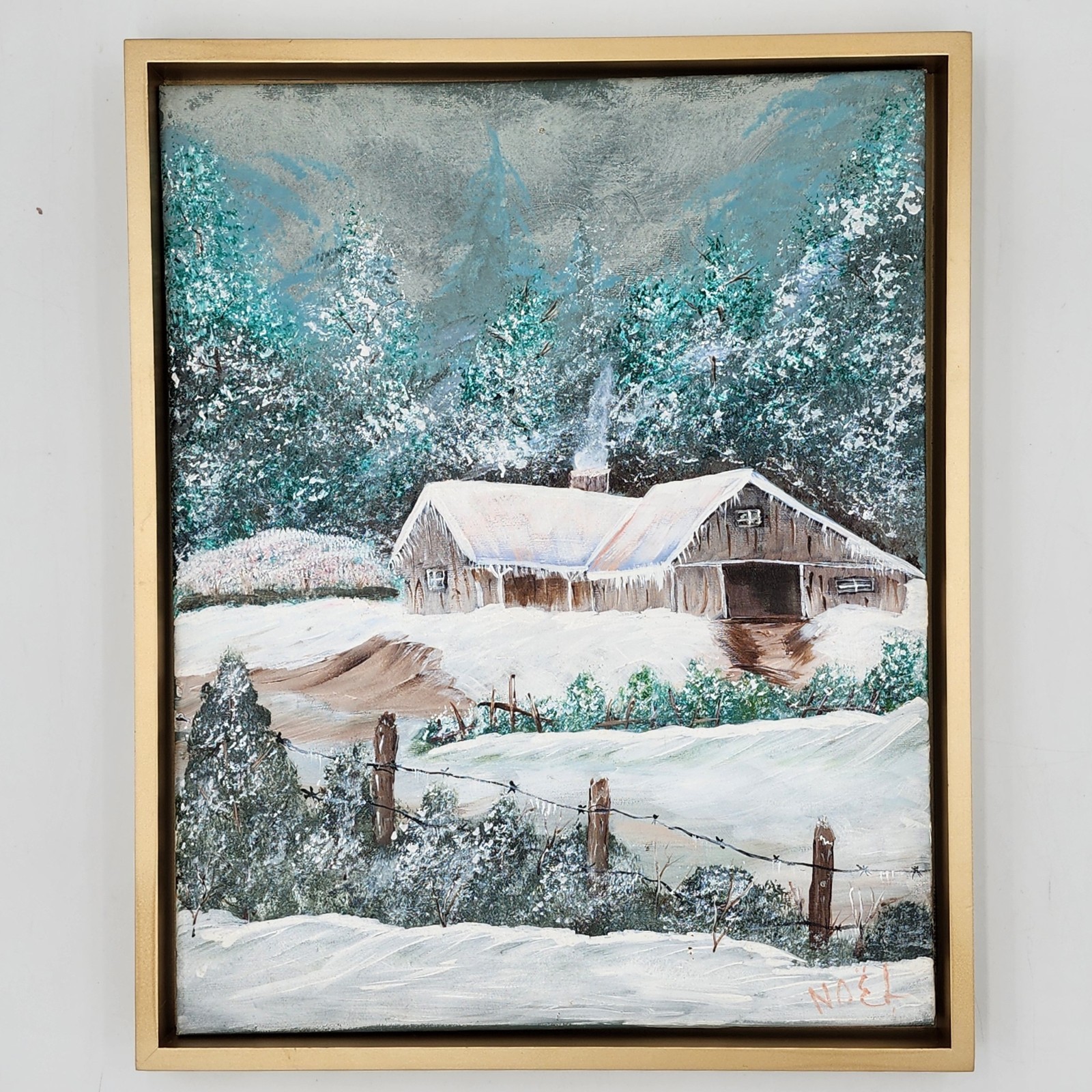 Original Winter Landscape Oil Painting Snowy Barn Farm Signed Noel 17×21 Framed