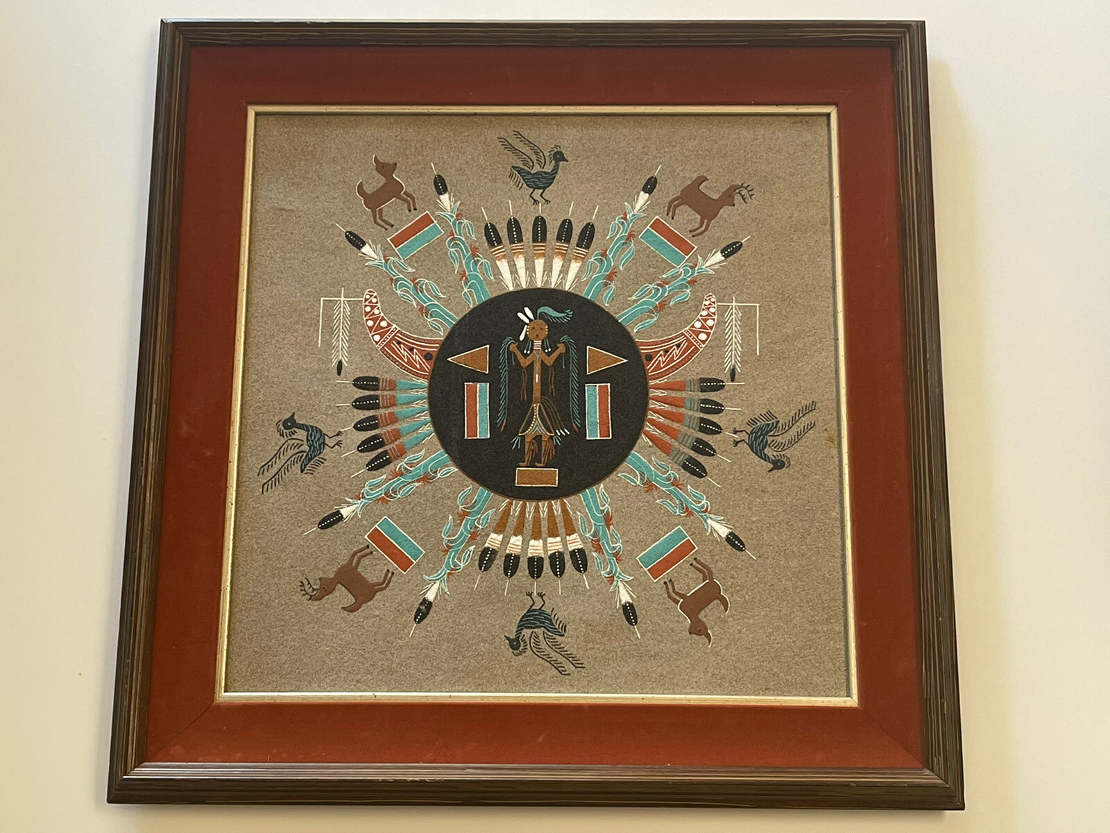Vintage Native American Indian Sand Painting Unique Tribal Art Animals Ceremony