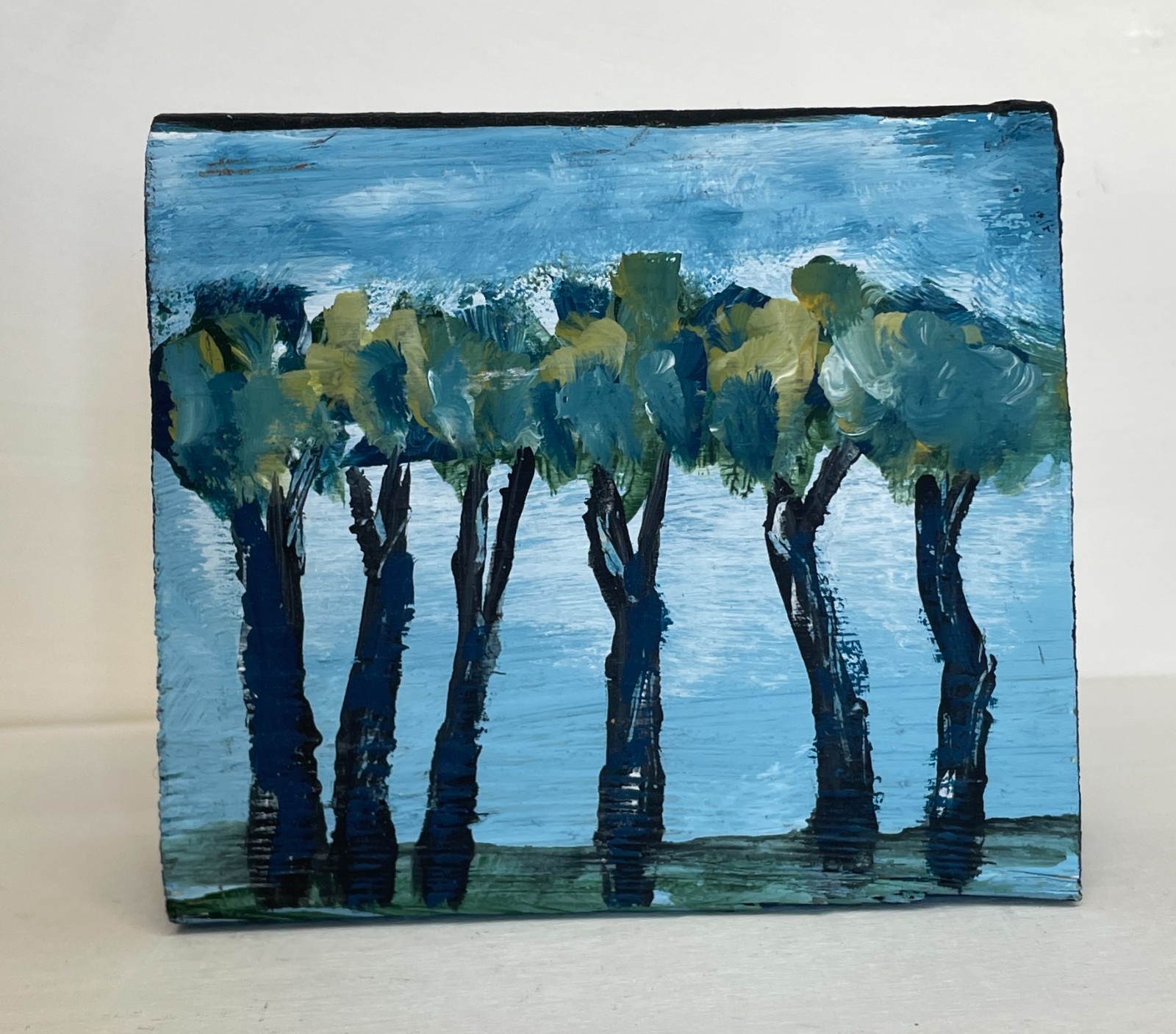 Mary Myers Original Art Block Abstract Blue Trees by Water Reclaimed Wood