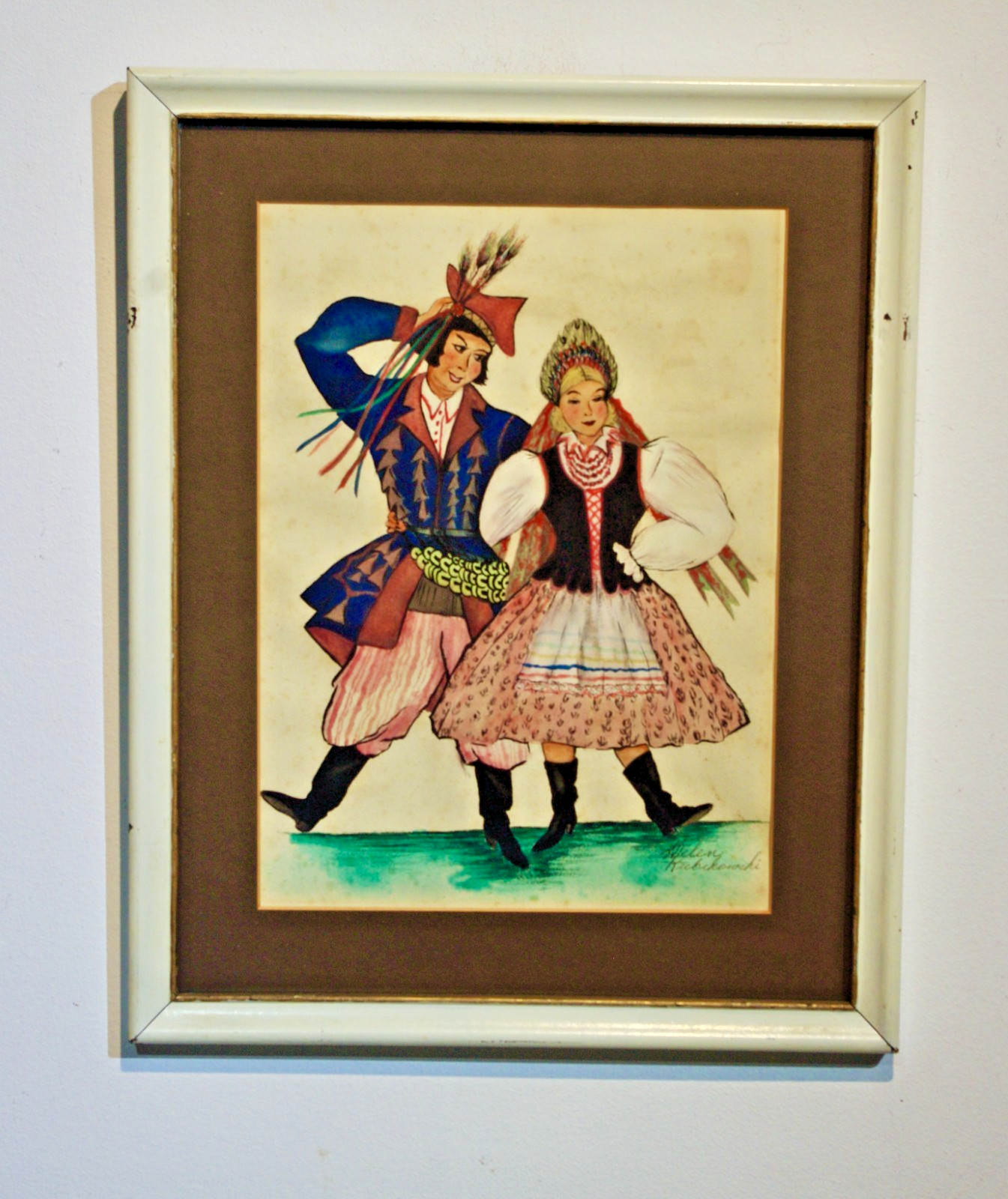 Watercolor- Framed Signed- Helen Kubikoski Polish Folk Dance Kujawiak Vintage