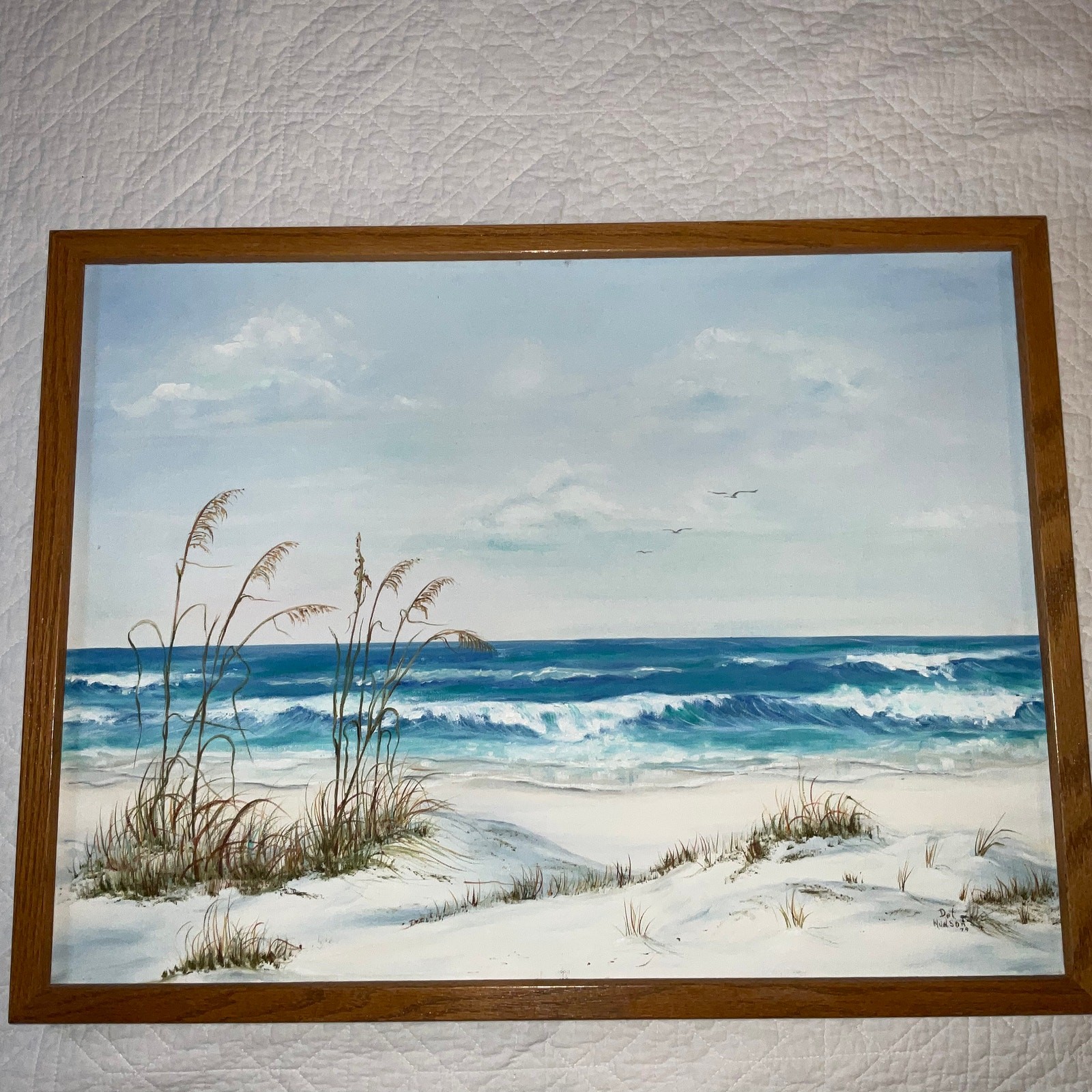 Americana painting coast ocean seascape original 90s decor shore sandy beach