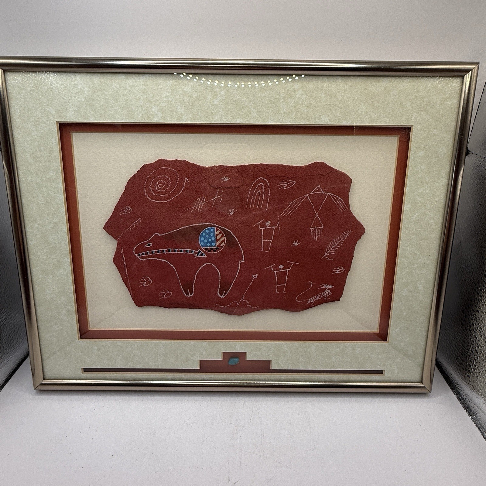 Signed Framed Larry Beck Native American Petroglyph Style Wall Art Rock