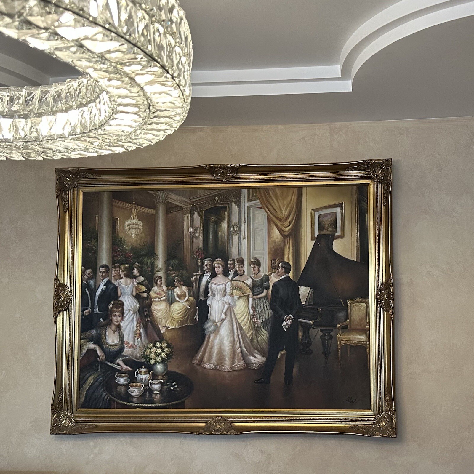 LARGE 18TH 19TH CENTURY ART FIGURATIVE PAINTING RAFAL VTG BALLROOM WOMEN GOLD