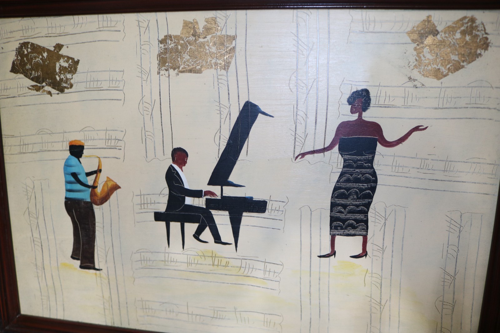 Original Signed M. Harold Jazz Themed Oil and Gold Leaf on Canvas Painting /Read