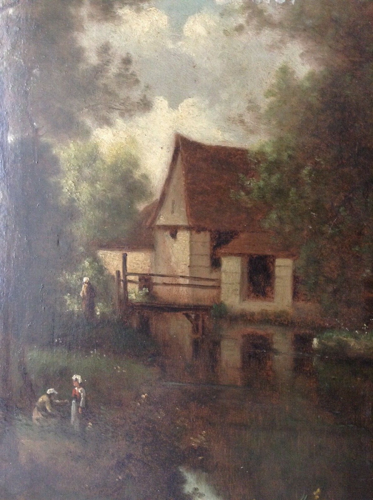 19th Century Andre Julien PREVOST Signed Pupil of COROT Women River Oil on Panel