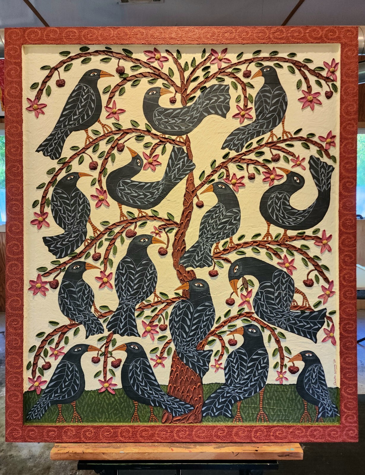 Danette Sperry Southern Primitive Crow Bird Folk Art Painting «Cherry Paradise «