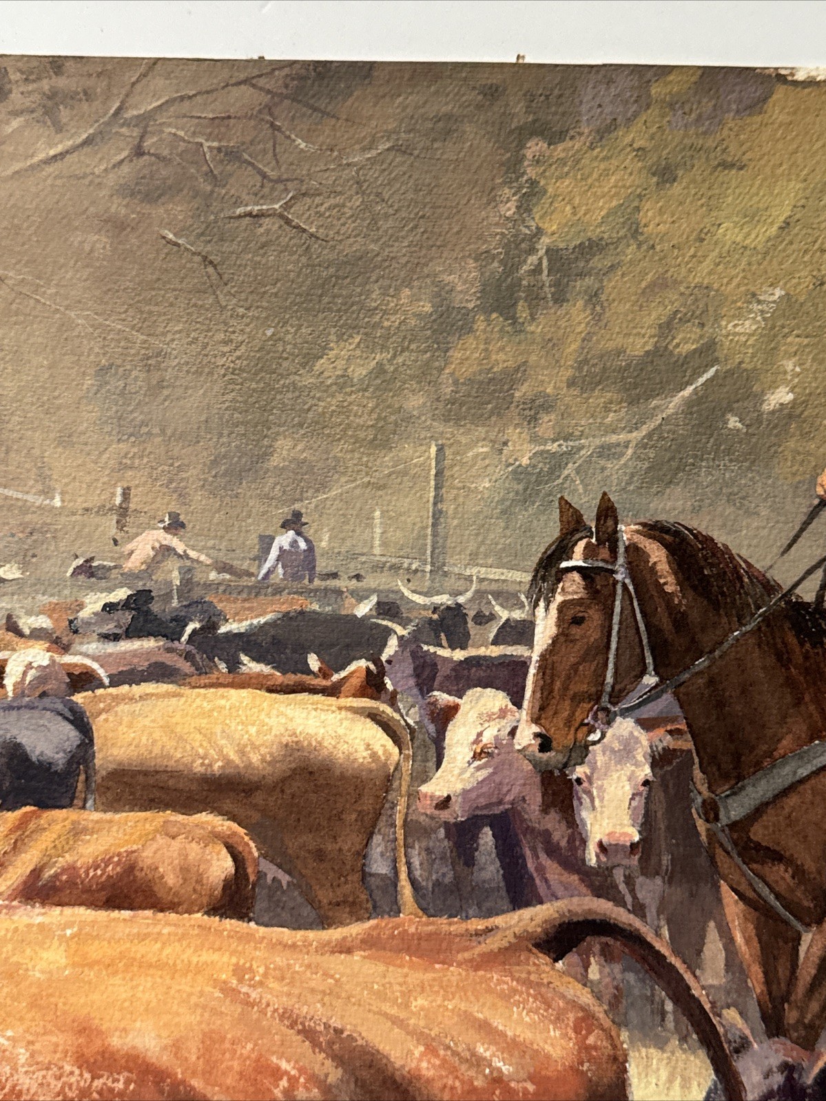 VINTAGE COWBOY PAINTING WESTERN RANCH COWBOYS FARM FARMING AMERICAN COWS