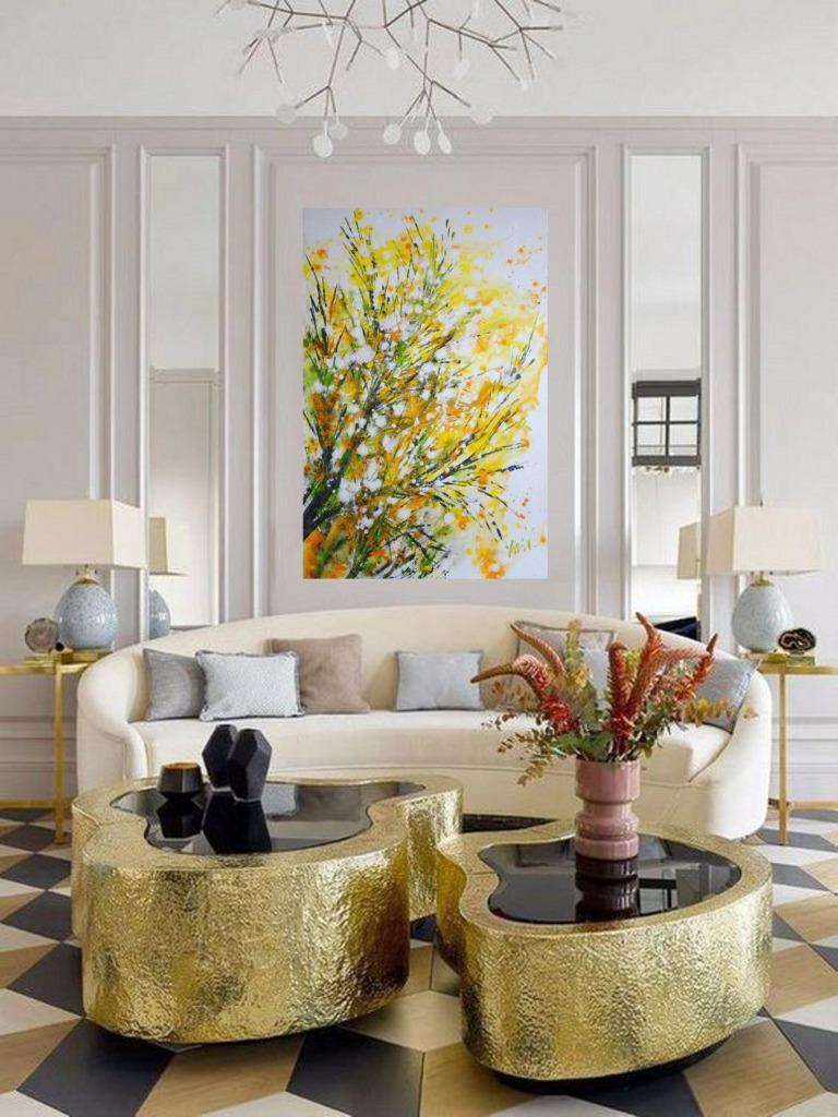 Forsythia Bloom Painting 24×36 Original Yellow White Floral Canvas Spring Wall