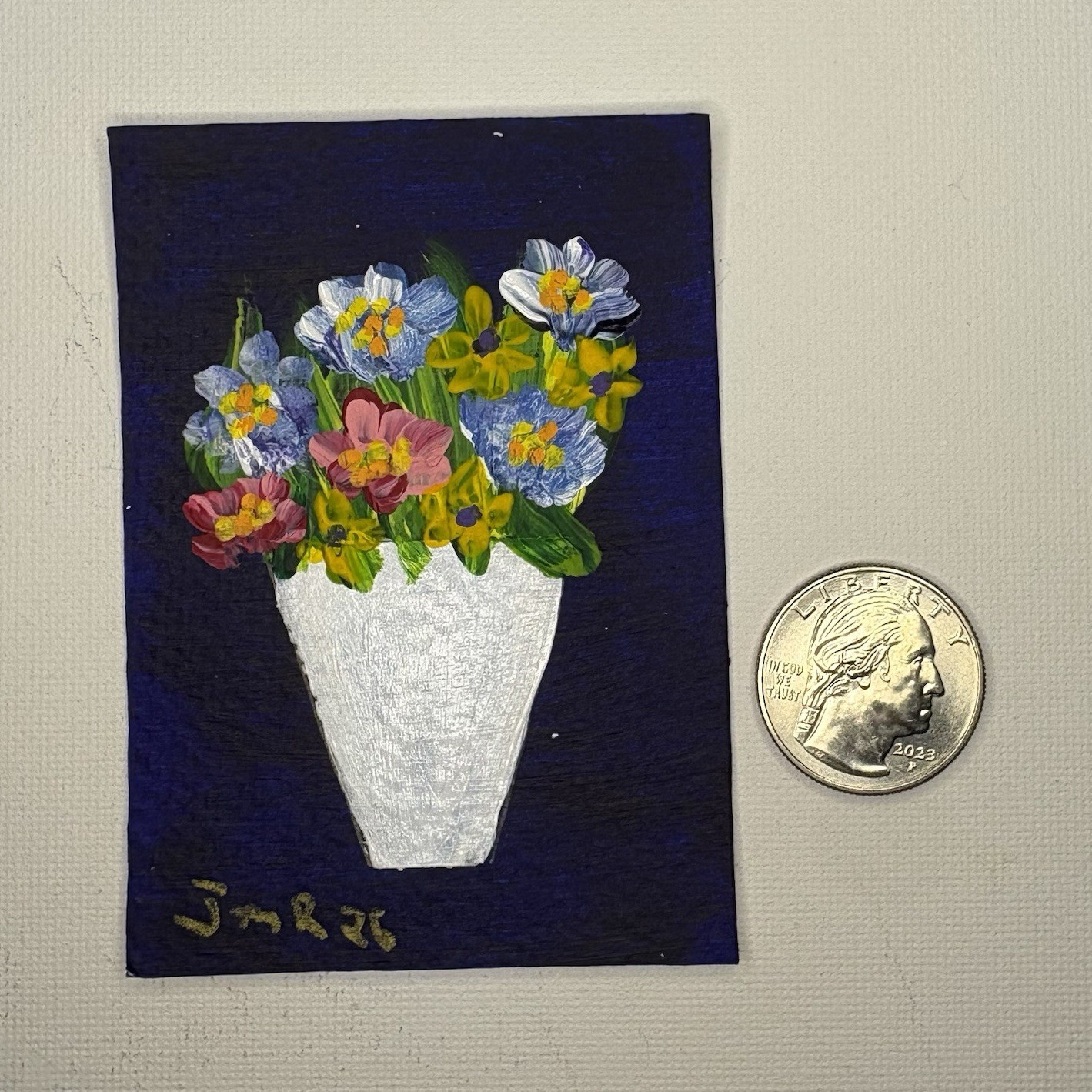Signed Miniature Still Life Floral Vase Painting, Small Unframed Original ACEO