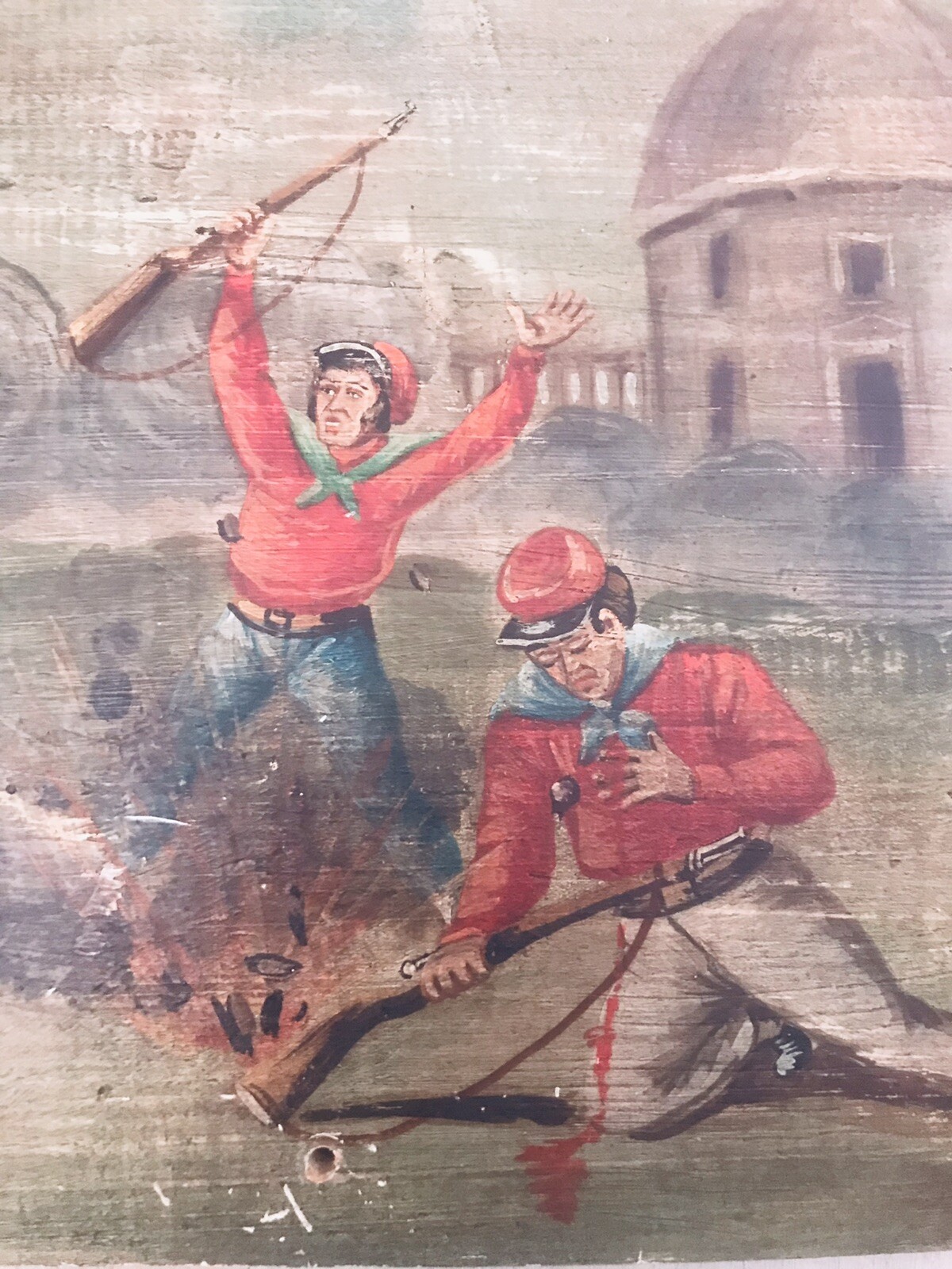 Vintage War Painting On Wood Panel 15.5” X 10.25” Soldiers On Battlefield