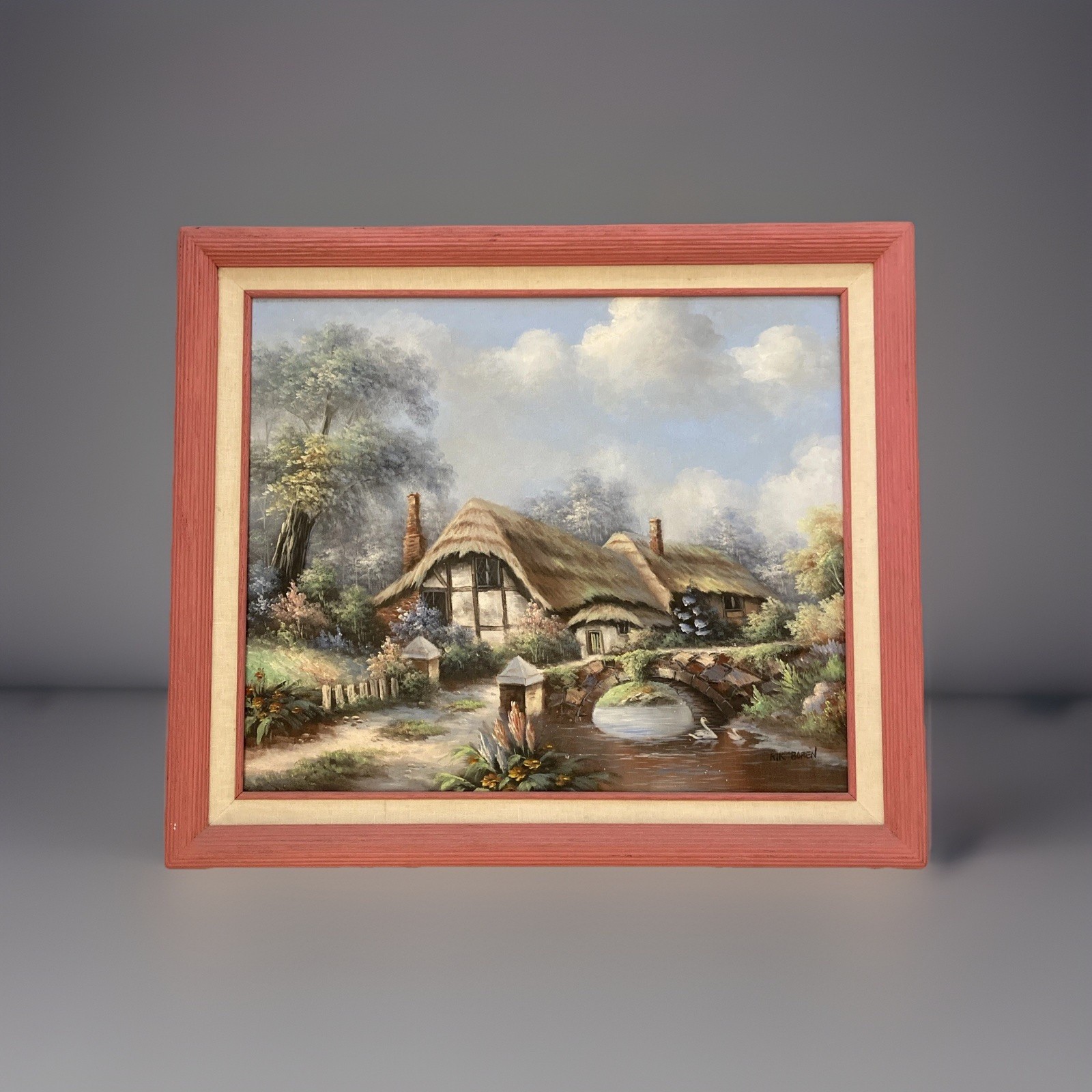 Vntg Oil Painting Cottage Scene by Rik Boren Signed Canvas Framed 29” X 25” Rare