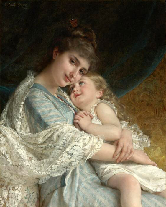 Oil painting Emile-Munier-A-Tender-Embrace young lady woman mother daughter girl