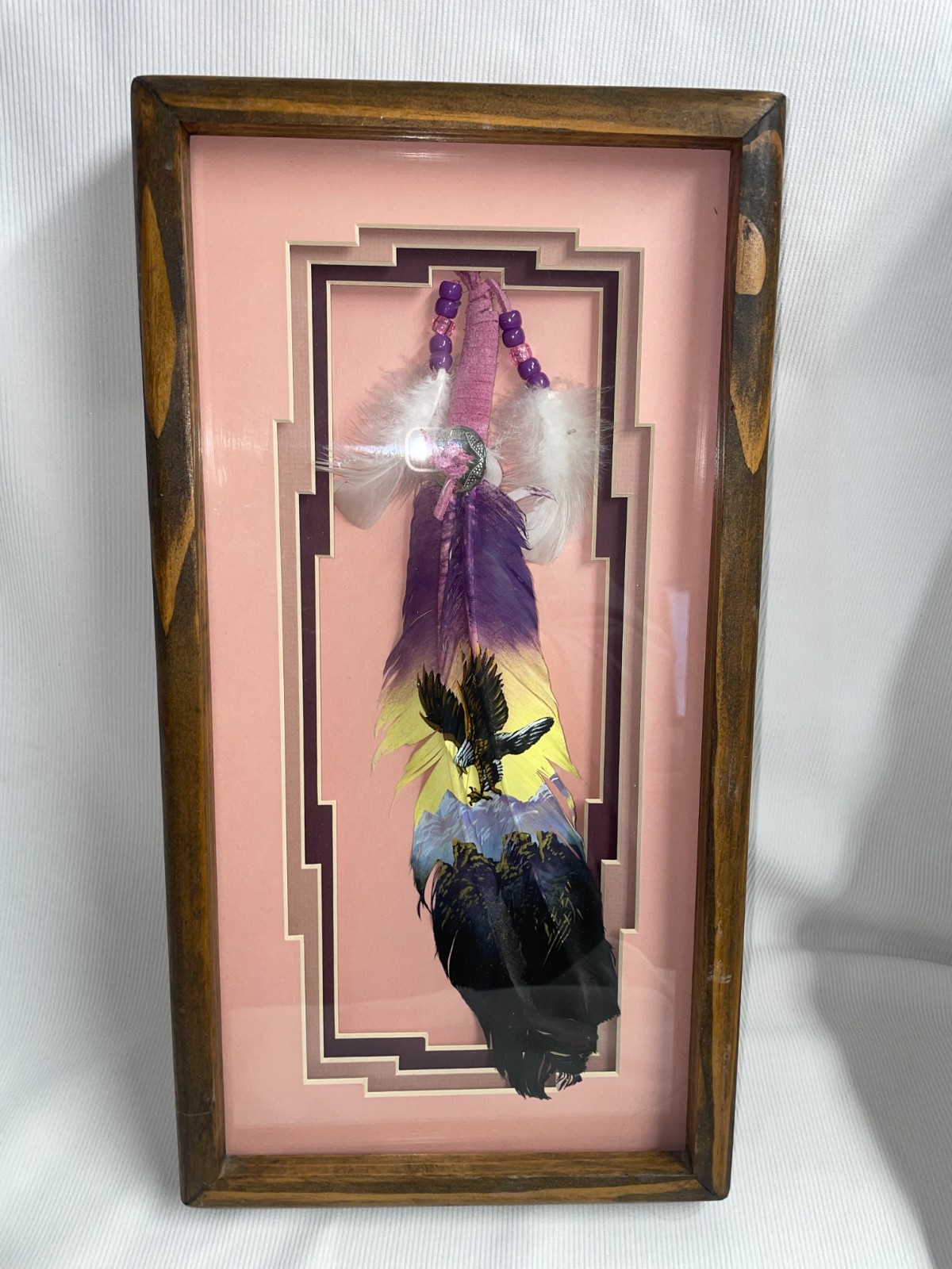 Hand Painted Flying Eagle On Turkey Feather W/ Leather Strips & Plastic Beads