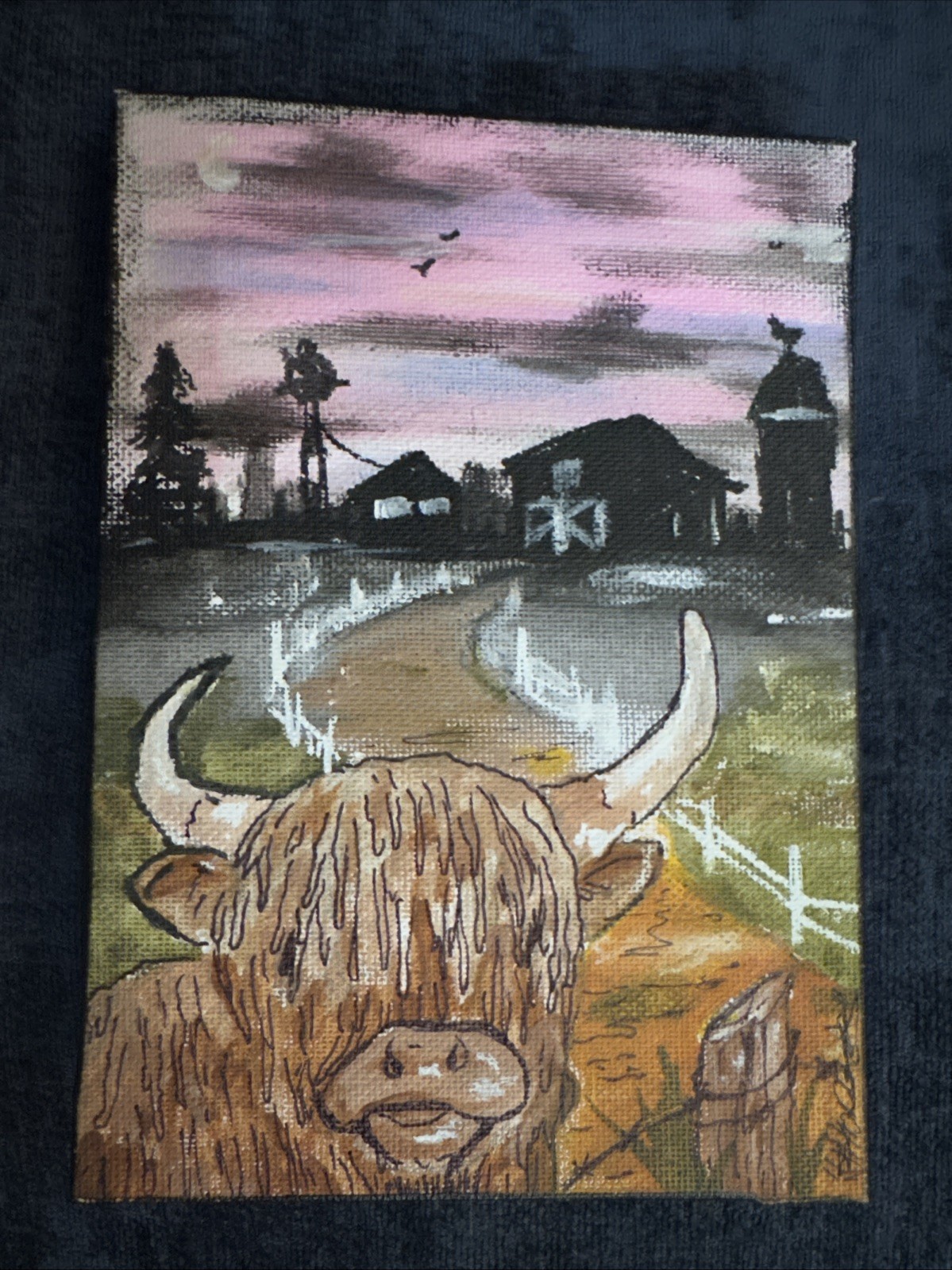 5 X 7 Acrylic Painted Canvas Highland Cow Farm Mini SHORTIEZ INK Art Deco