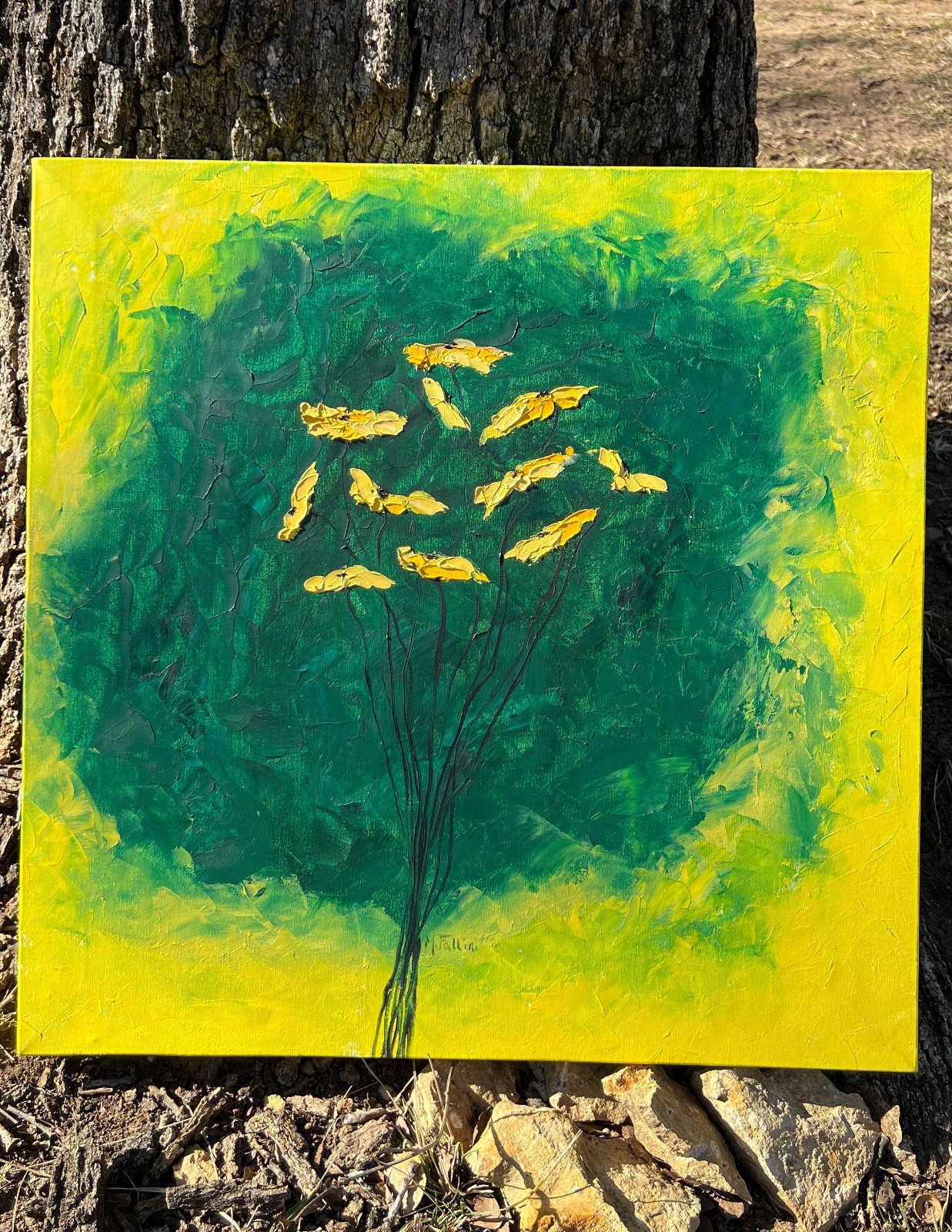 Yellow Poppies on green painting on canvas original by artist 20in x 20in