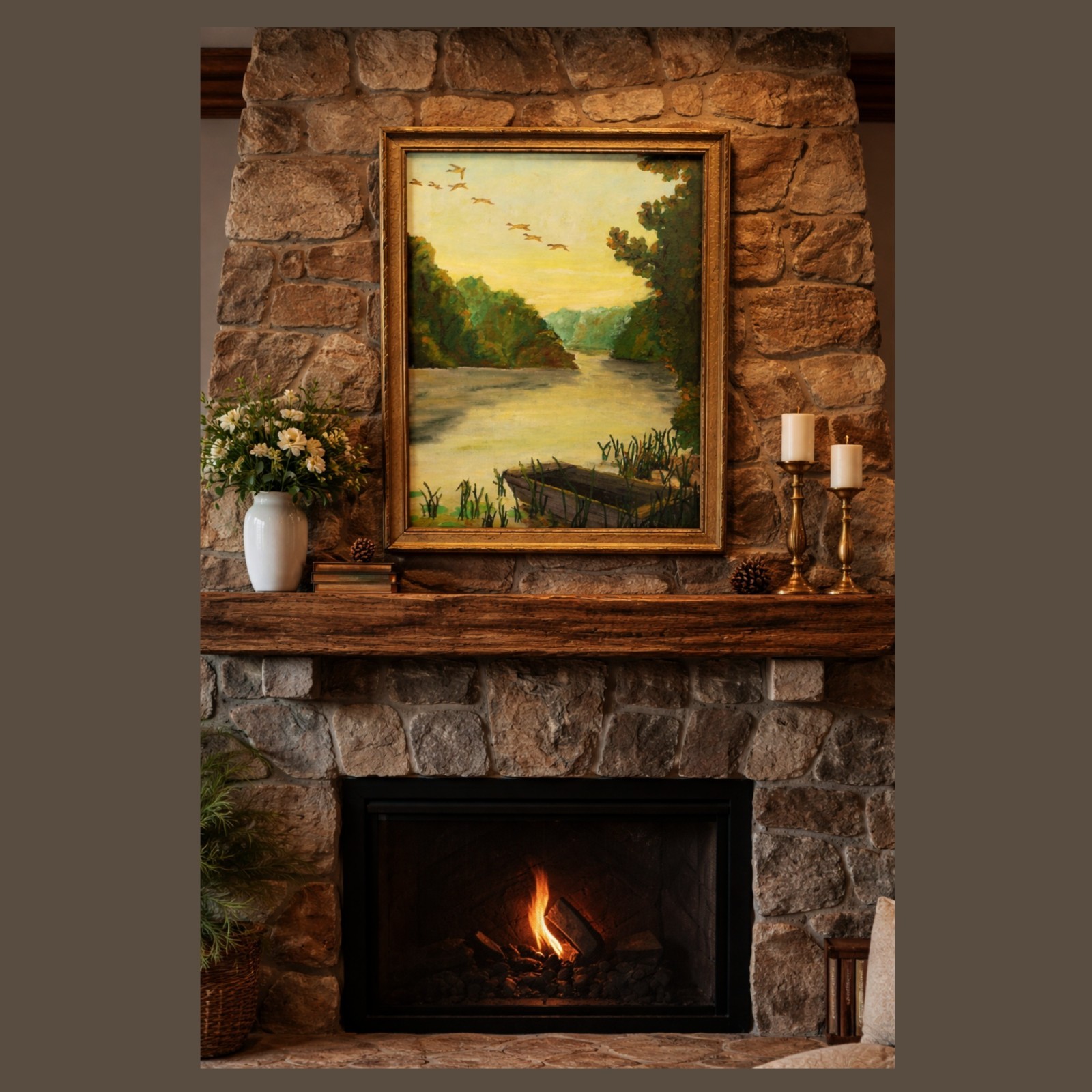 River Scene Oil Painting on Board Framed and Signed
