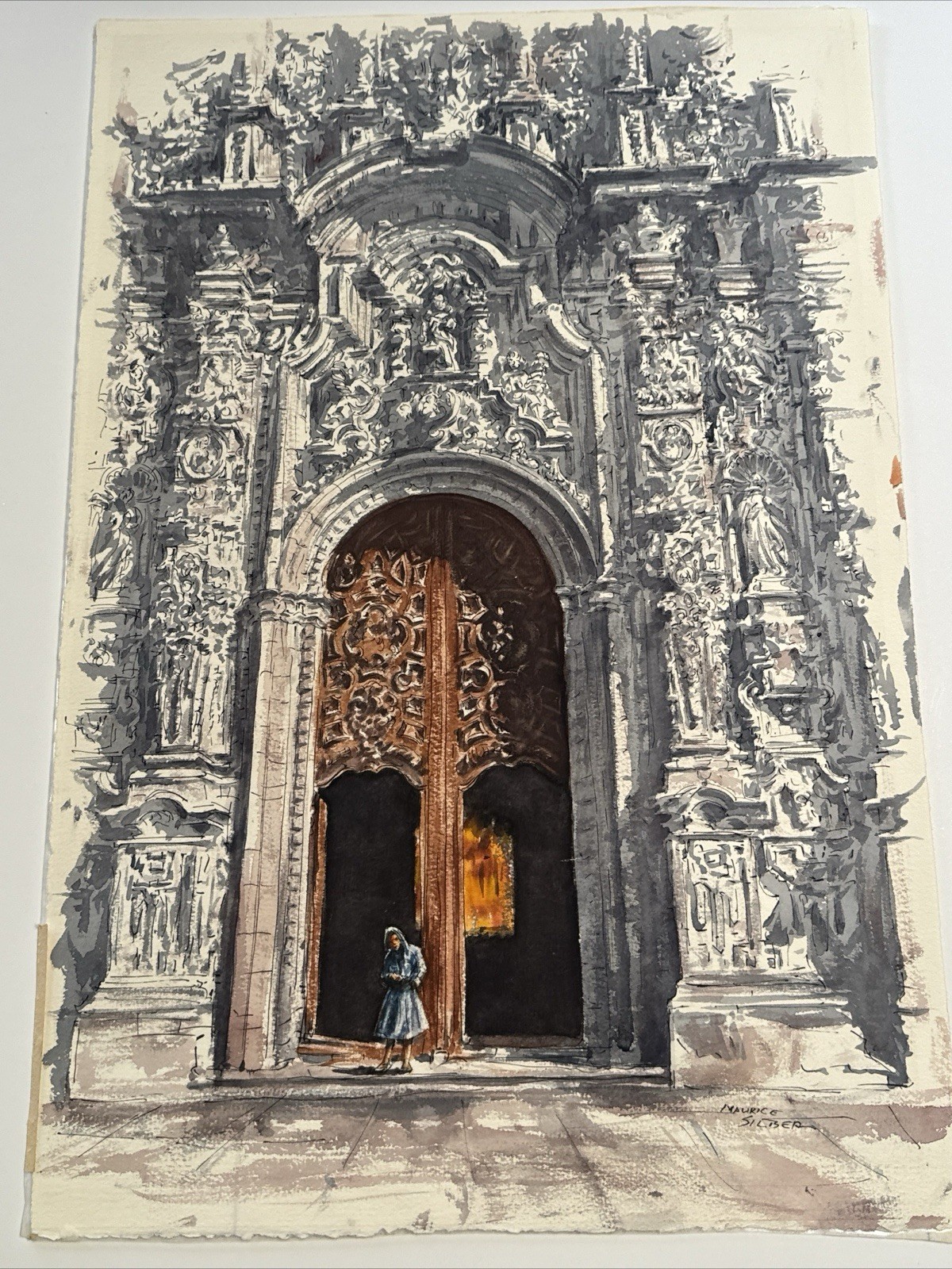 MUSEUM QUALITY PAINTING ARCHITECTURAL SOUTH AMERICA CHURCH MAURICE SILBER 1970