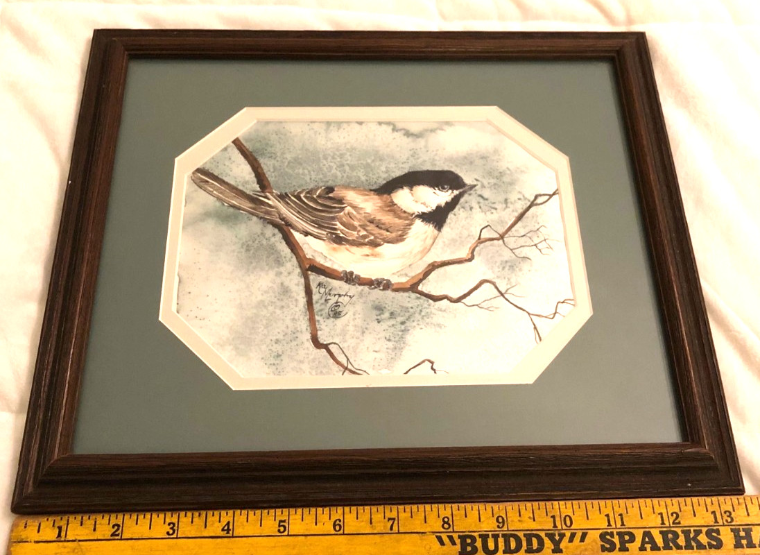 Original Kay Murphy Signed Artwork Watercolor Chickadee Bird Custom Framed 1985