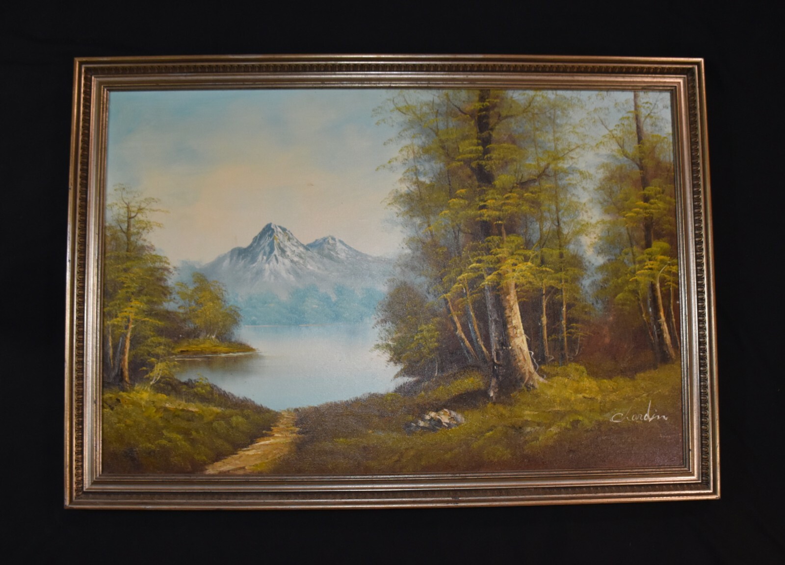 Vtg CHARDIN Framed Oil Painting on Canvas, Mountain, Forest 27 5/8″ x 39 5/8″