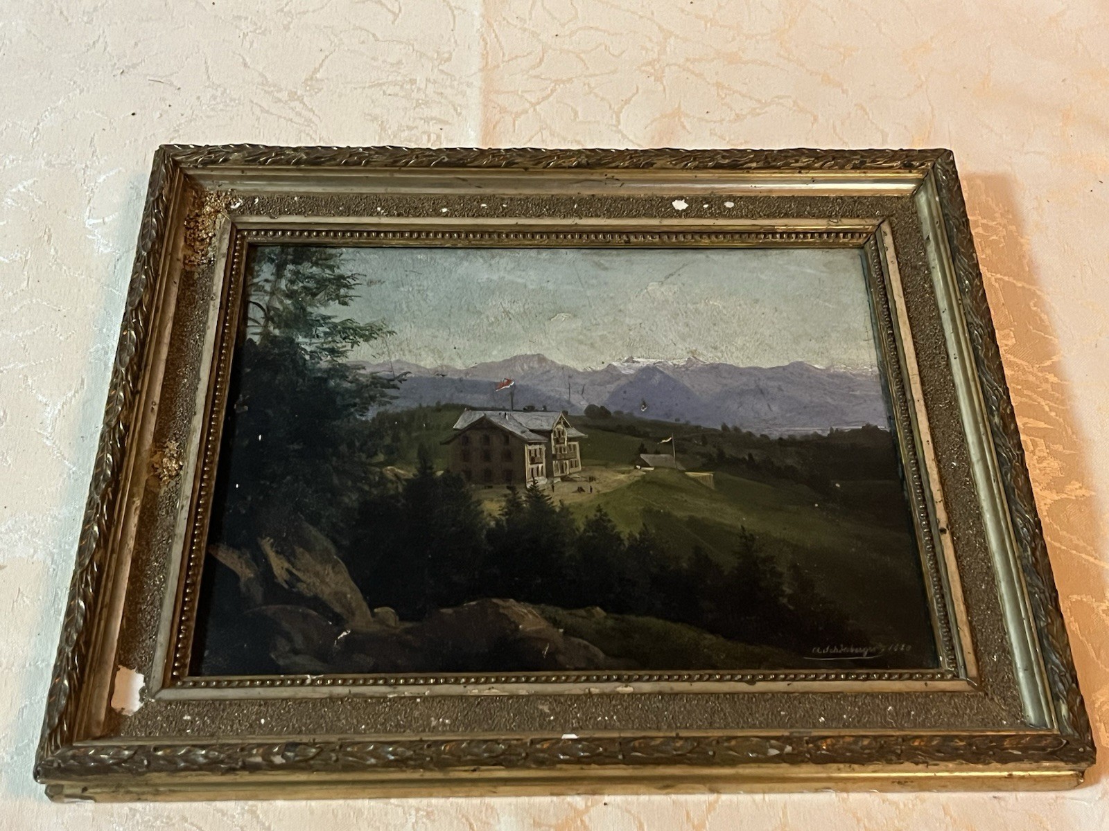 Painting Mountain Landscape with House and Flag Signed A. Schönberger 1880