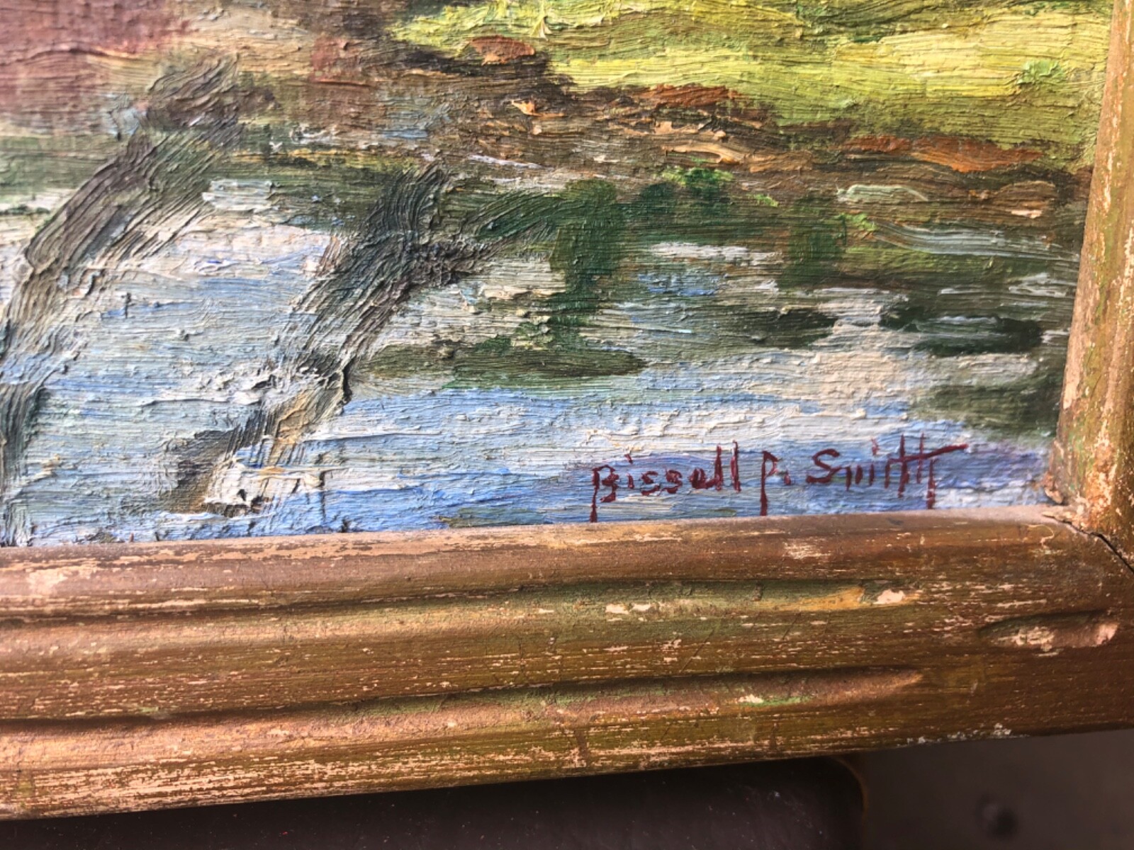 vintage oil on Masonite tonality Bissell P Smith arts craft framed art 18/14”
