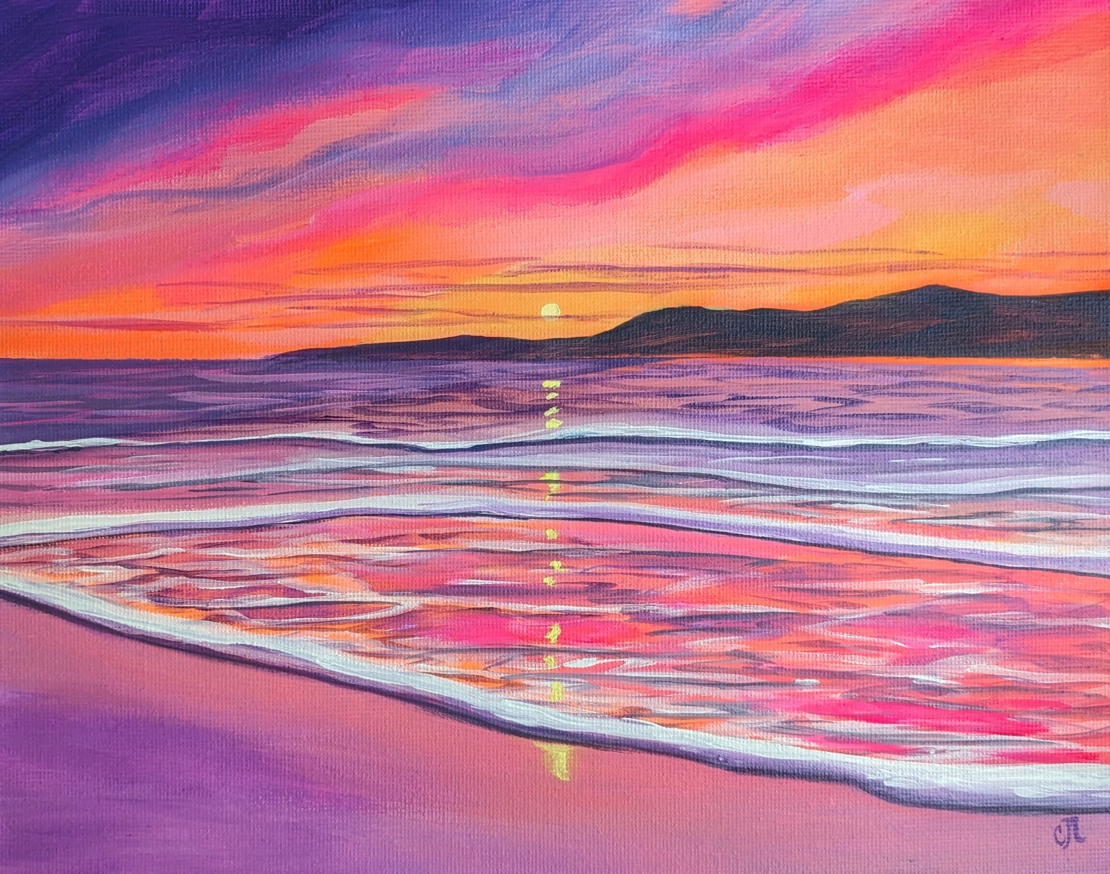 Beach Sunset. Original Painting On Canvas. Coastline Landscape. Ocean Seascape