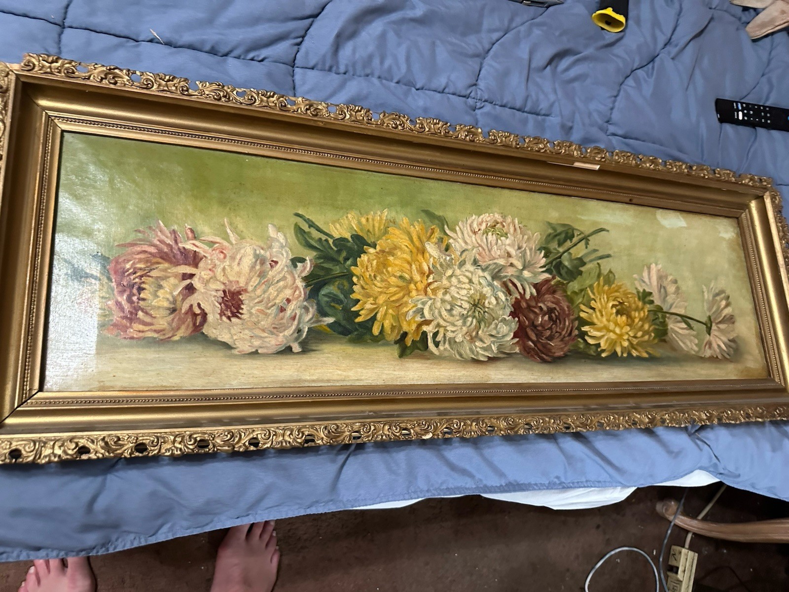 Antique Victorian Rare Horizontal Oil / C Chrysanthemum’s 40 X 14 Still Life