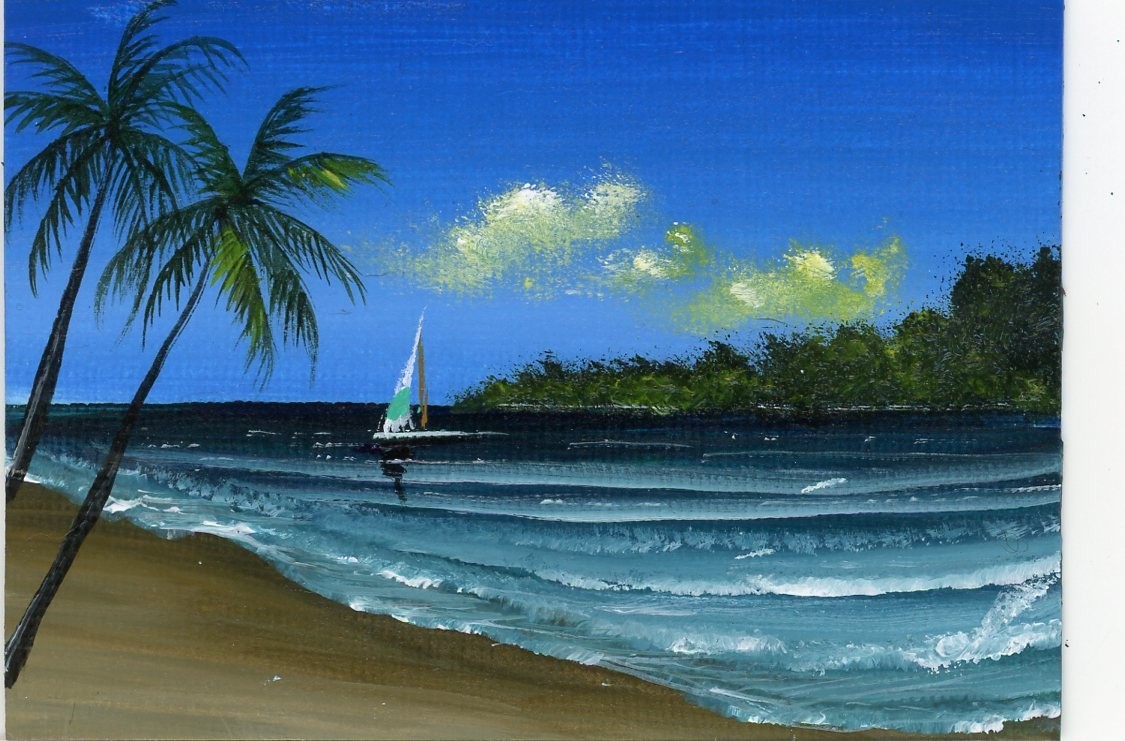 ACEO Original Acrylic Ocean Tropical Sandy Beach Sea Shore Painting Art HYMES