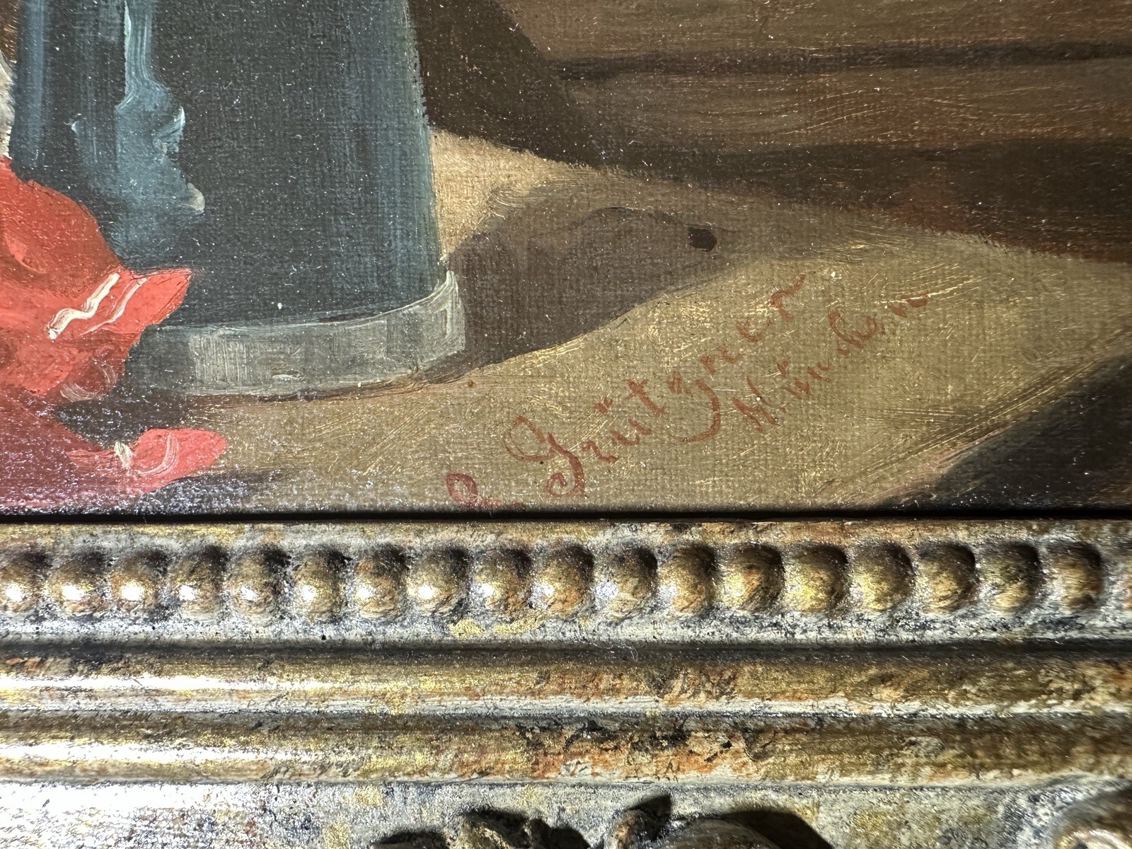 Monks at Table with Stein – Signed “E. Grutzner” – Oil on Wood Panel Painting