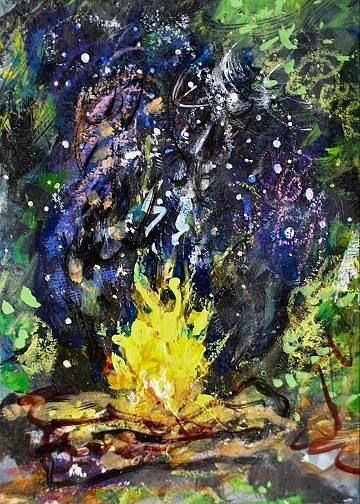 ORIGINAL ACEO Painting CAMPFIRE Night Fire TREES Woods Bonfire Camping ATC ART