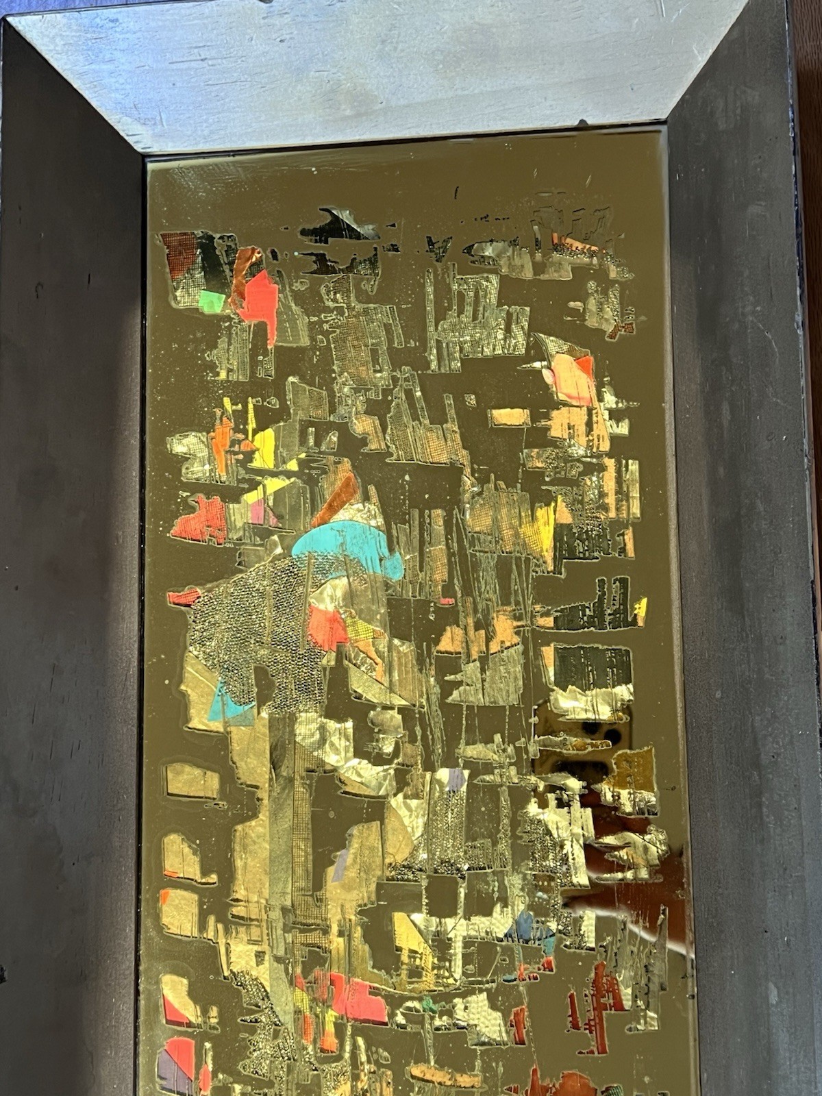 MCM Brutalist Reverse Glass Mirror Art Signed Mixed Media Wall Sculpture 25″