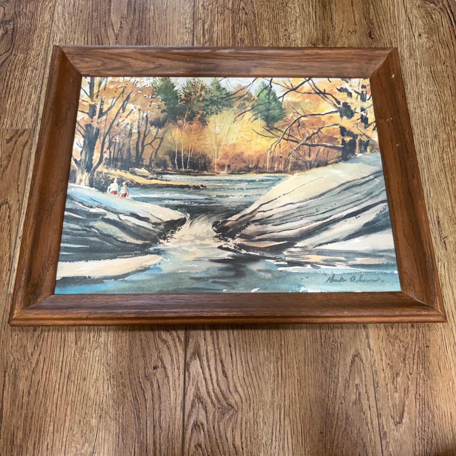 Vintage Signed Watercolor Landscape Forest River Painting Solid Wood Frame 20×16