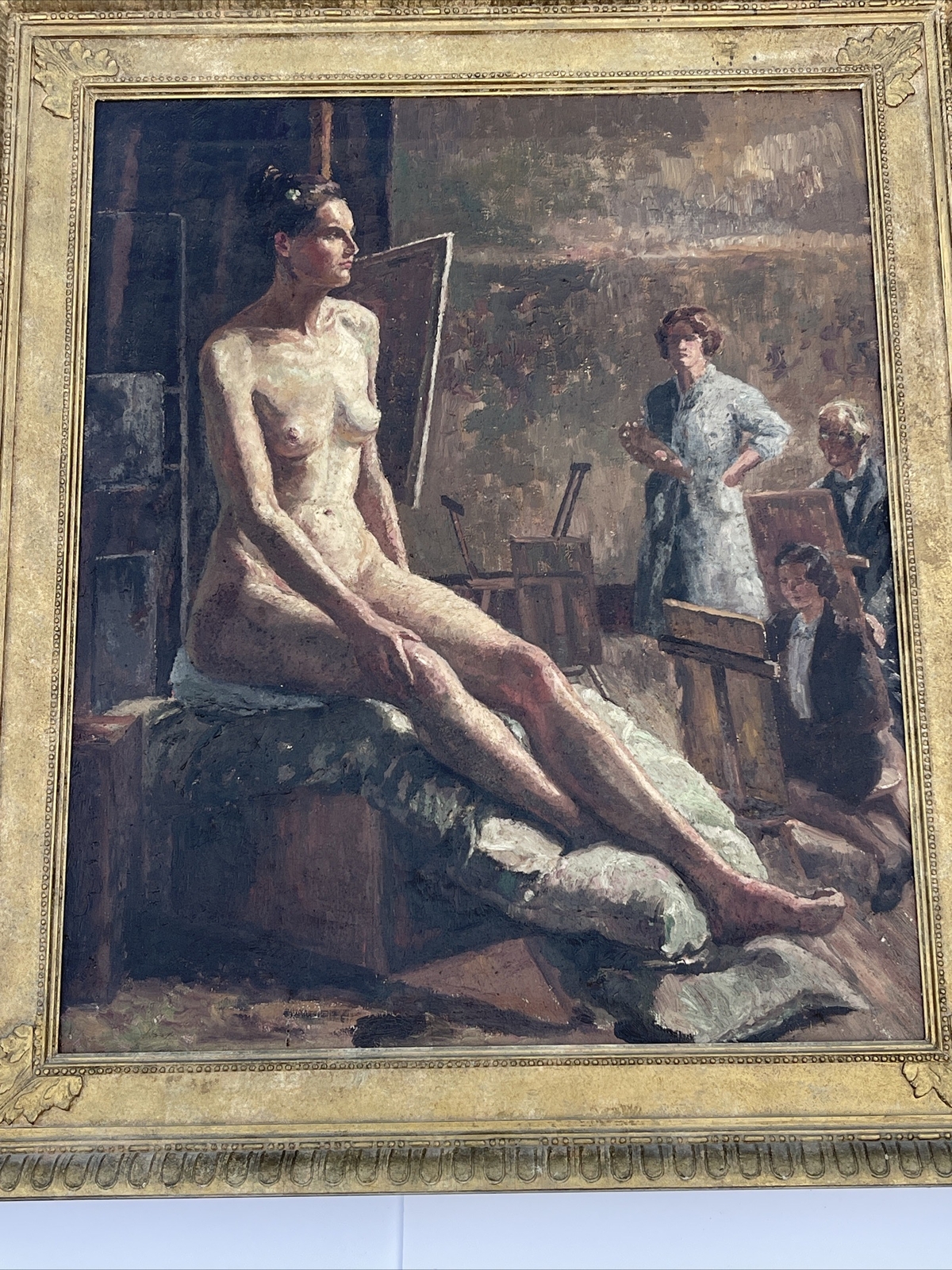 ANTIQUE PAINTING 1930’S Class STUDIO PORTRAIT PRETTY WOMAN FEMALE MODEL MYSTERY