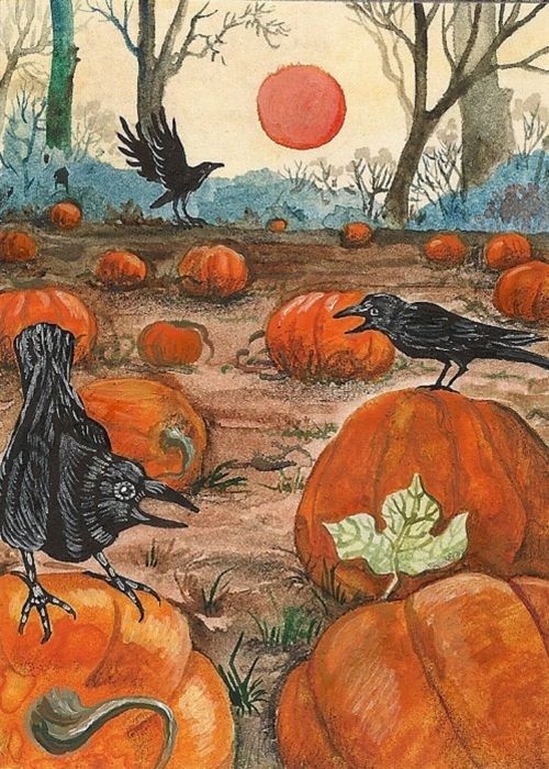 HALLOWEEN ACEO PRINT OF PAINTING RYTA FOLK ART PUMPKIN PATCH AUTUMN RAVEN CROW