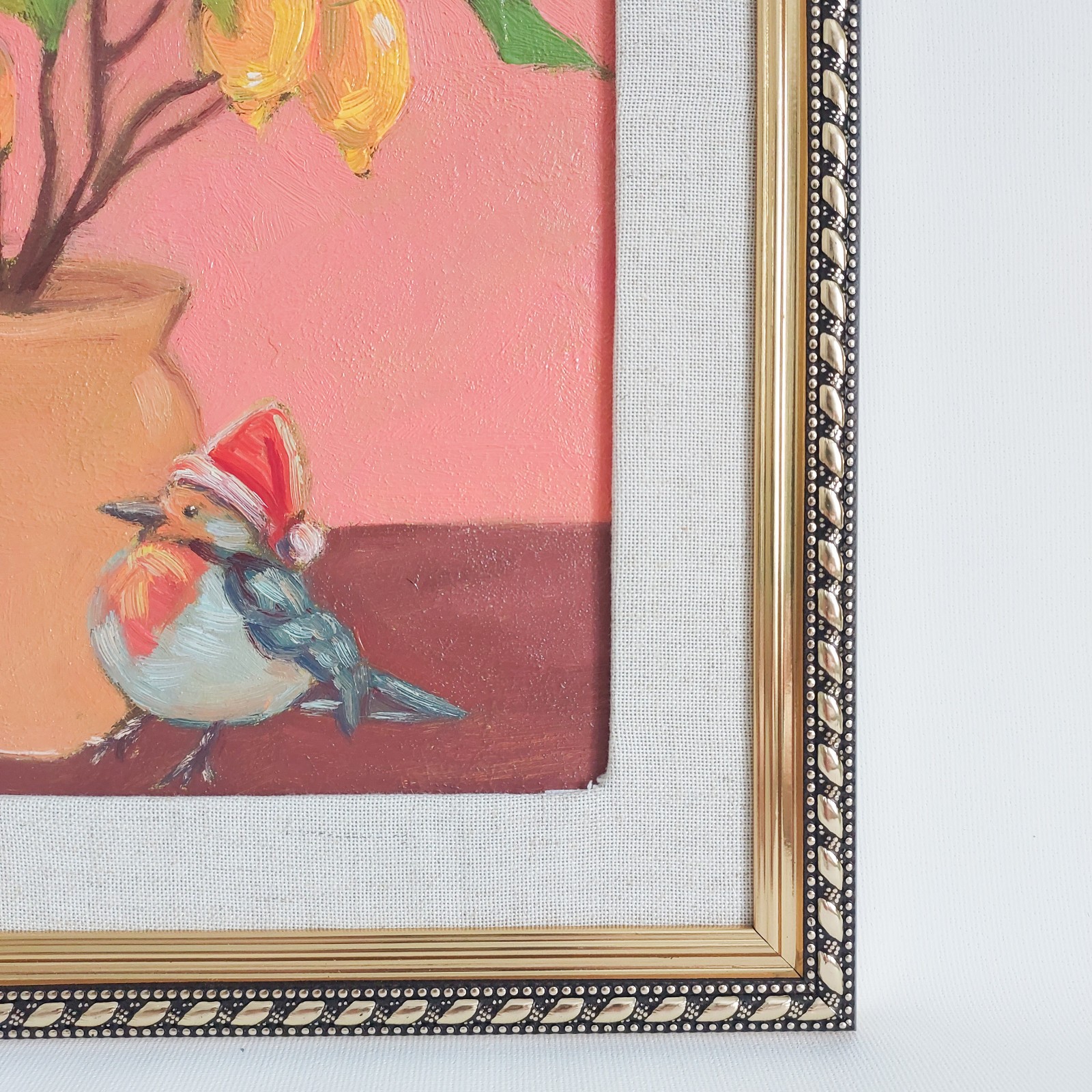 Fruit Still life Lemon Tree and Robin Bird Original Oil Painting on Paper Framed