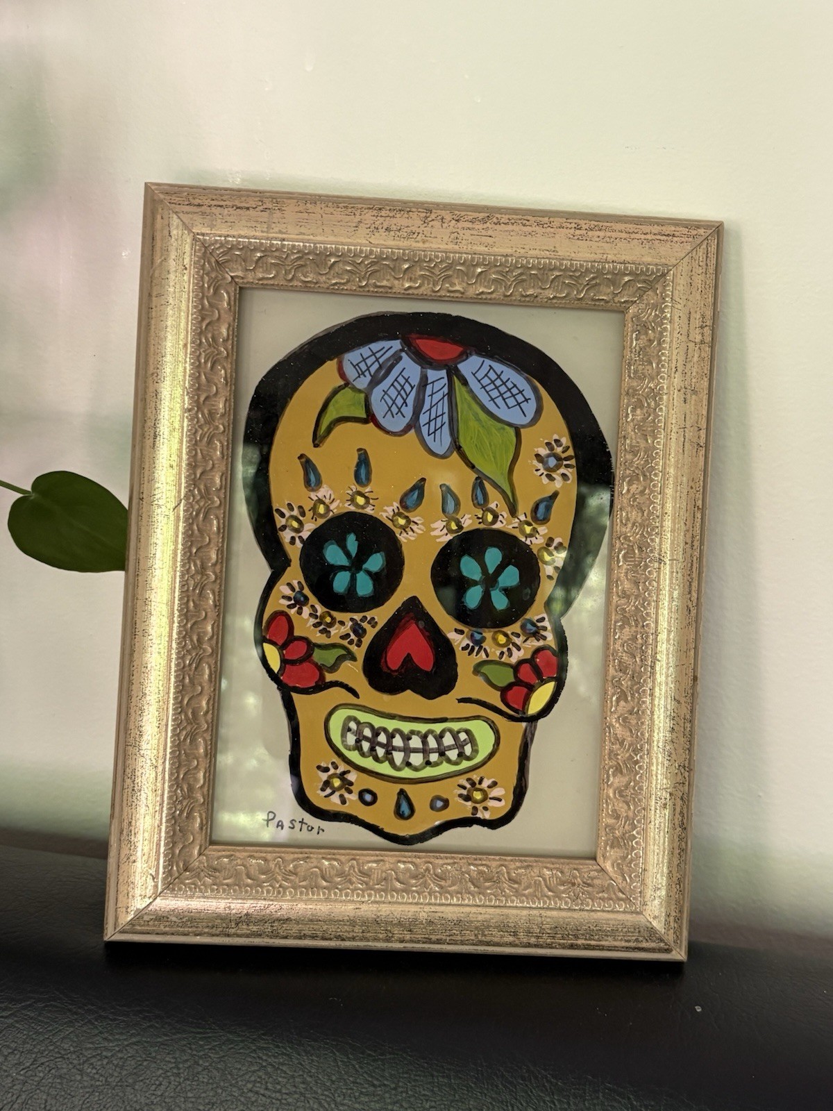 Vibrant Lori Pastor Reverse Glass Sugar Skull Painting 9” x 7” Gold Frame