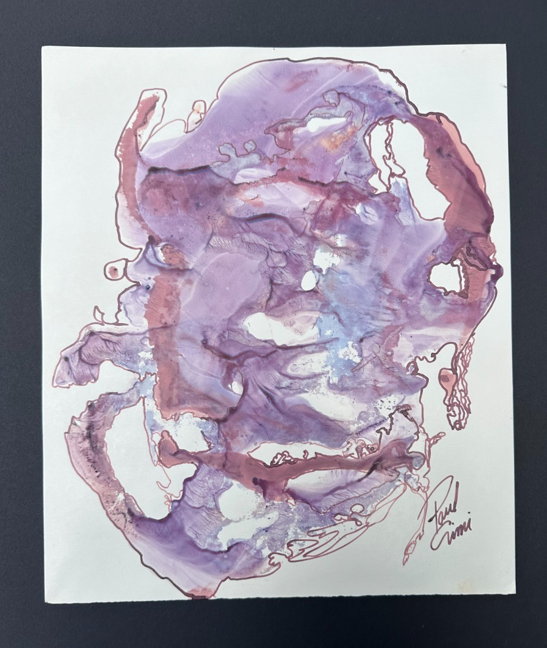AFFORDABLE ORIGINAL ART Abstract Flow Print Blue Purple Ink Modern 13×11 Signed