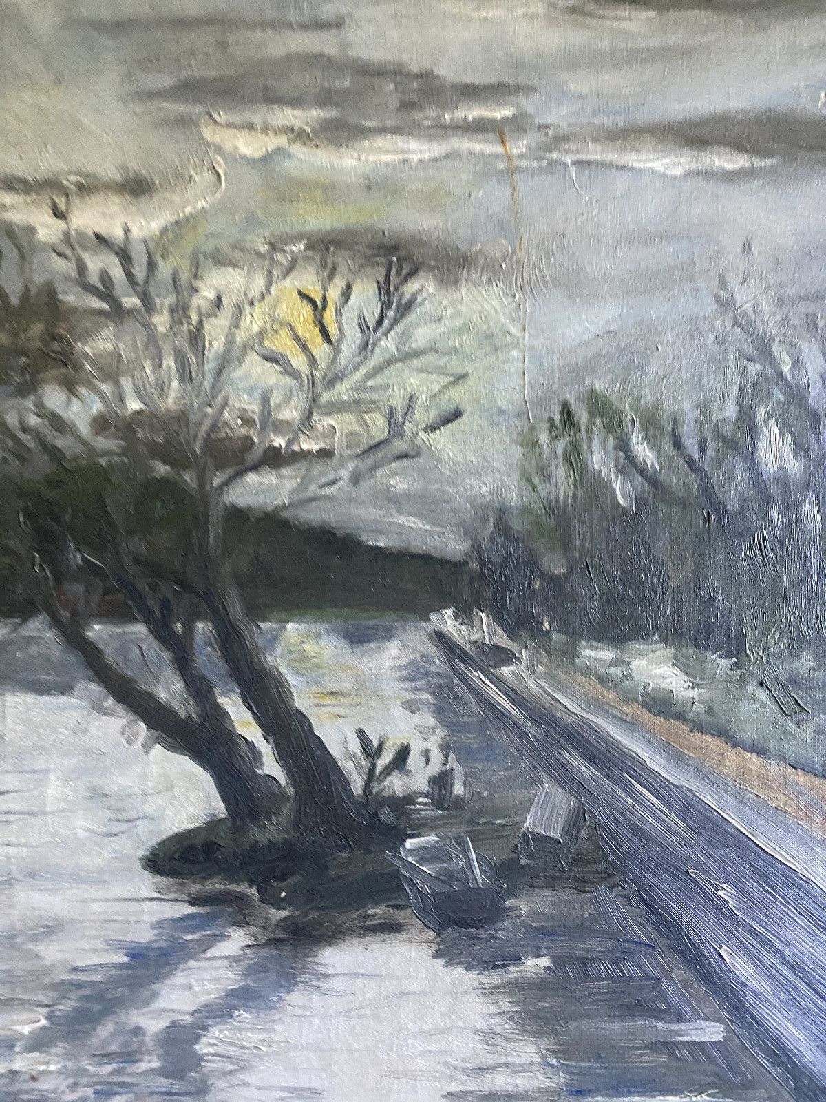 Winter 1943 Düsterer Baum Wintersun Street Signed Illegibly Antique Forest